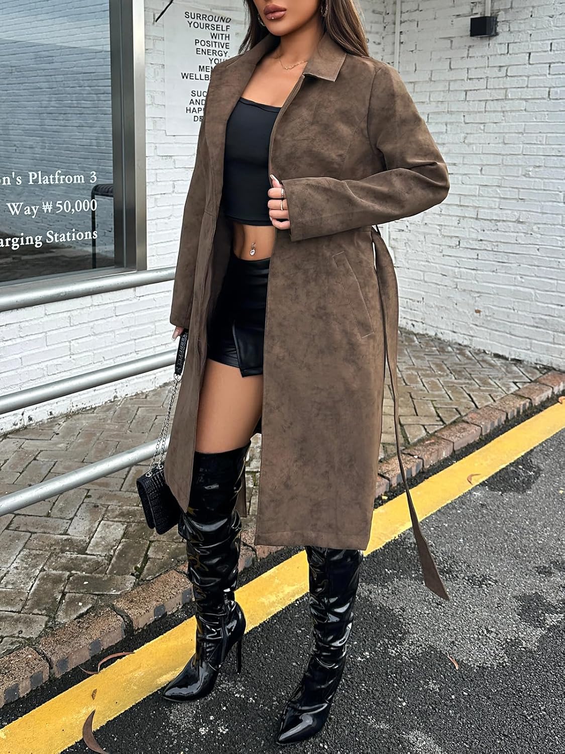 Leather Jacket Women Trench Coat Long Loose Button Lined Jacket Open Front Faux Motorcycle Coat with Belt - Image 2