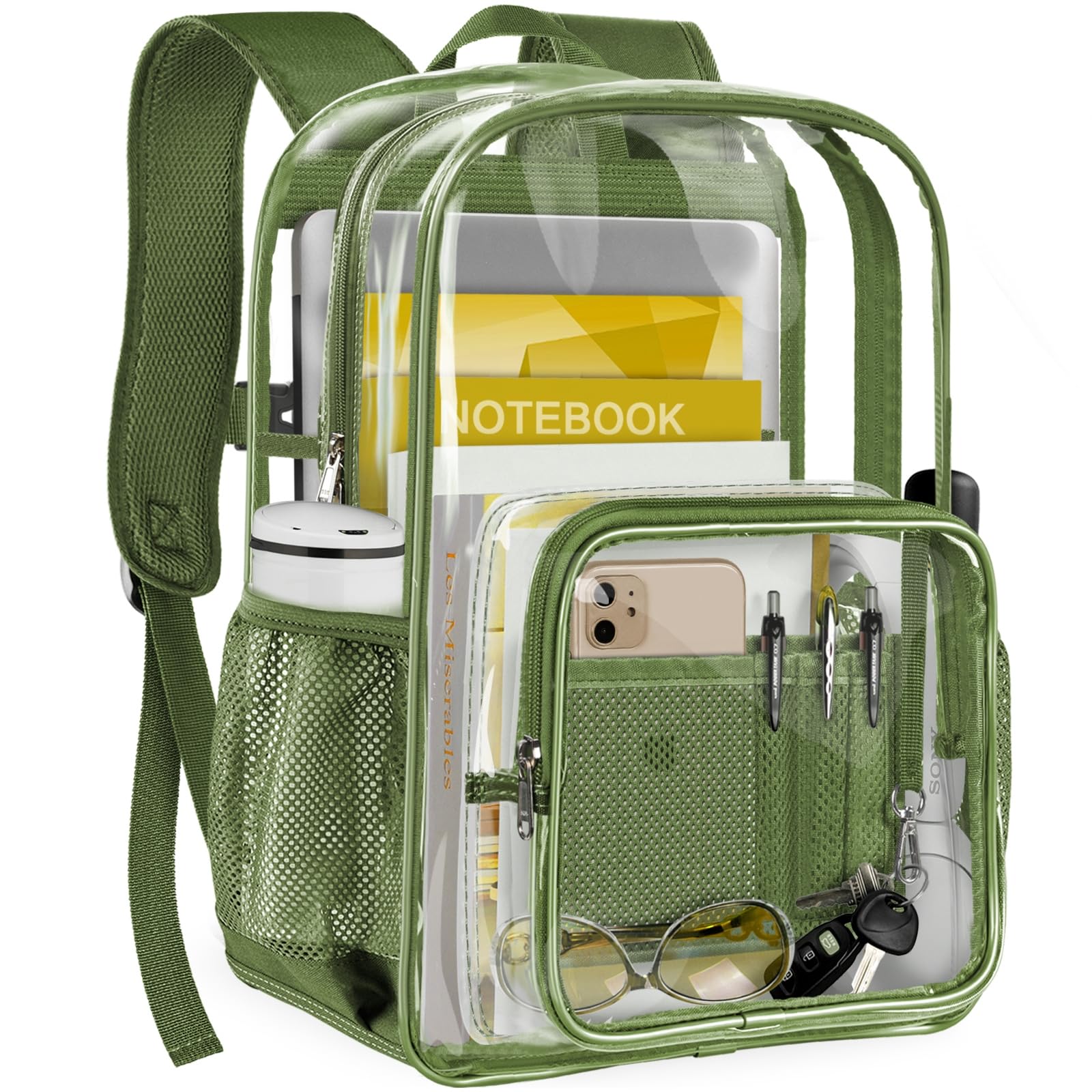 GEAMSAM Clear Backpack Heavy Duty Large Transparent Backpack with Reinforced Bottom Multi-pockets for College, Travel, Workplace Security - Green