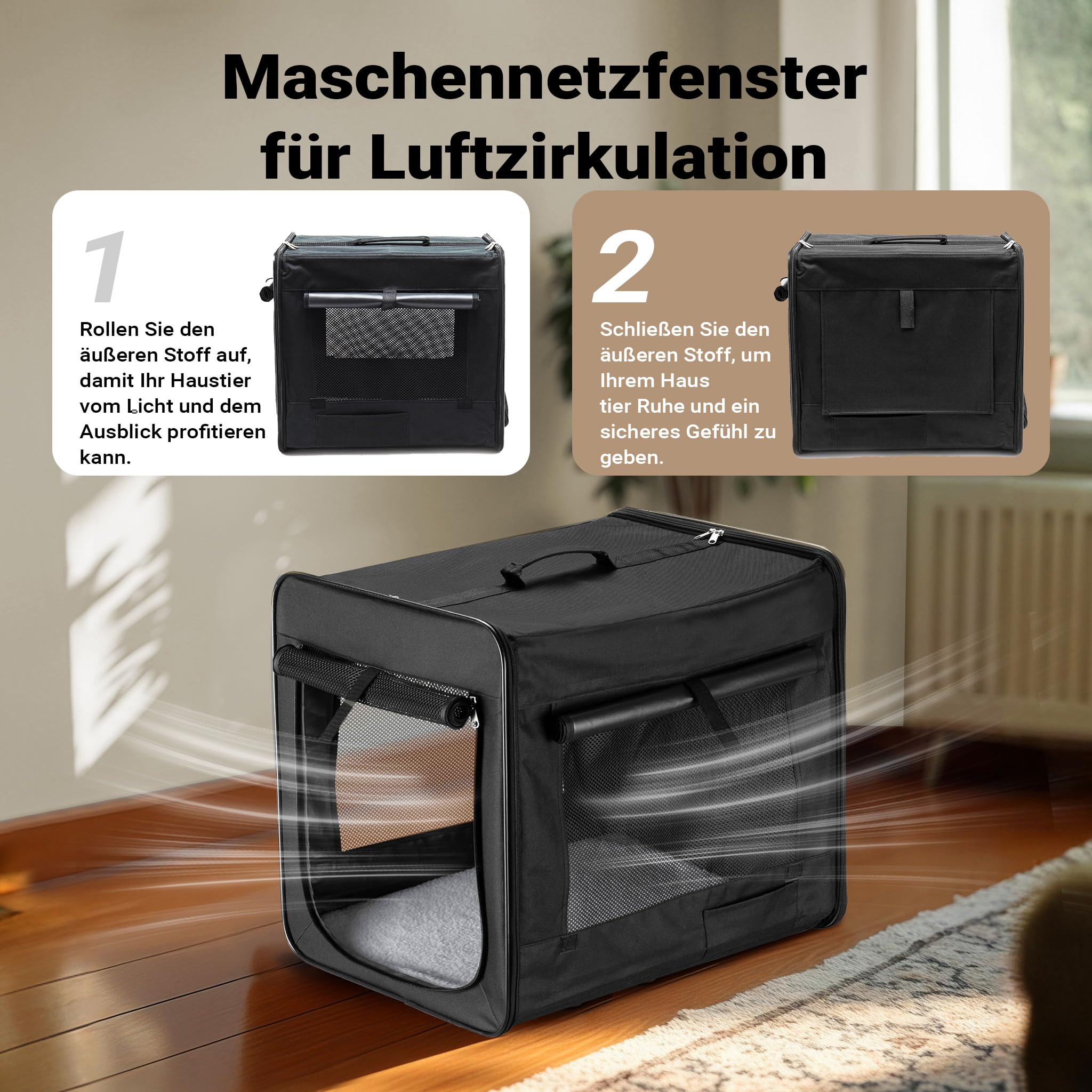 Wiltec Faltbare Transportbox für Hunde, Katzen M (58x46x53 cm), robust, leicht, sicher, Hundebox mit entnehmbarem Kissen, Schwarz