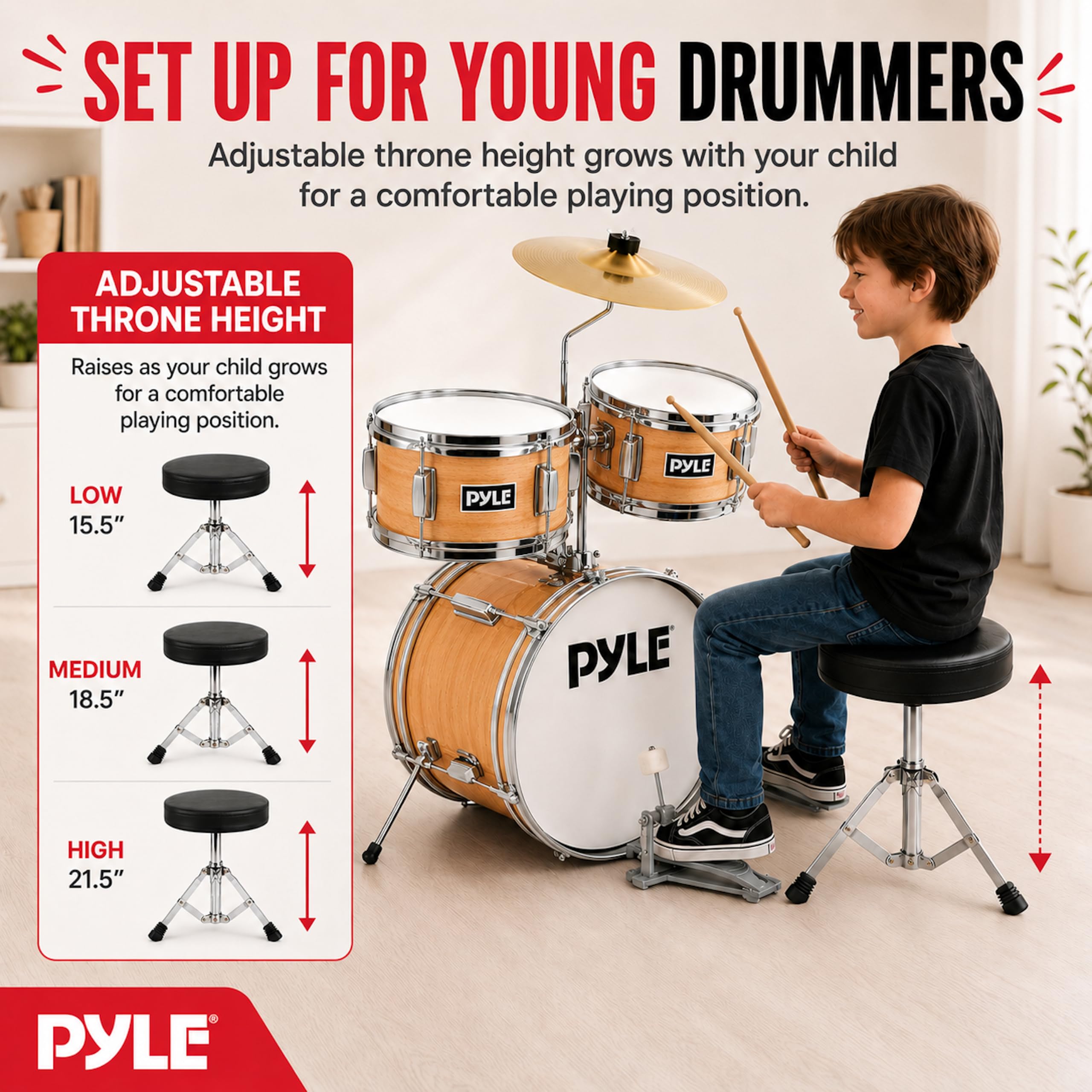 Pyle Set de Batterie Enfant – Kit de Batterie Musique Junior Débutant 3 Pièces avec Grosse Caisse de 33 cm, Caisse Claire, Tom, Cymbale, Siège Réglable, Sourdines, Baguettes, Naturel