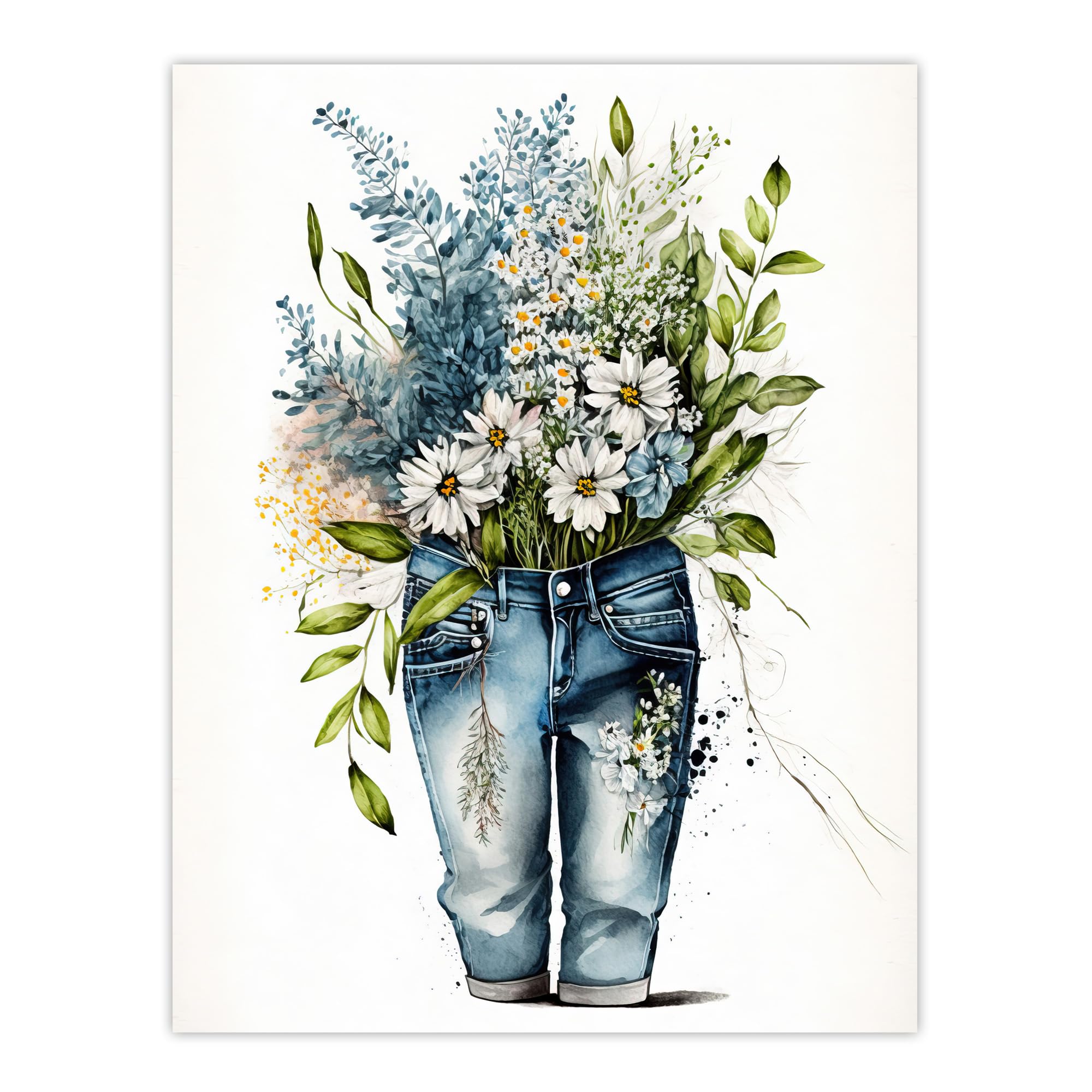 Wee Blue Coo Wildflower Bouquet in a Pair of Blue Jeans Watercolour Painting Spring Flowers Bursting out of Trousers Extra Large XL Wall Art Poster Print