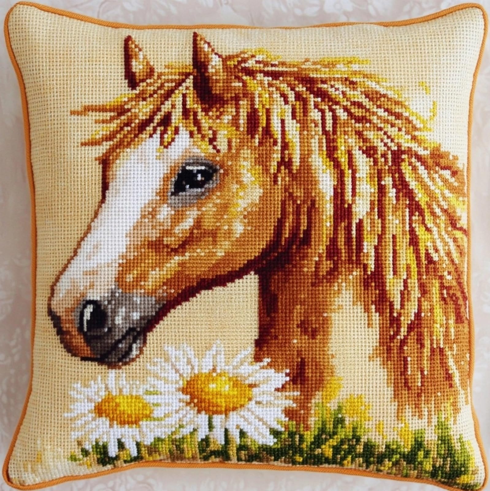 WallustrioaW Cross Stitch Pillow Cover Kit,Daisies and Horses,Cross Stitch Cushion Pillow Cases 11CT Stamped Kit Handmade Cushion Cover Adults Beginner,18x18inch