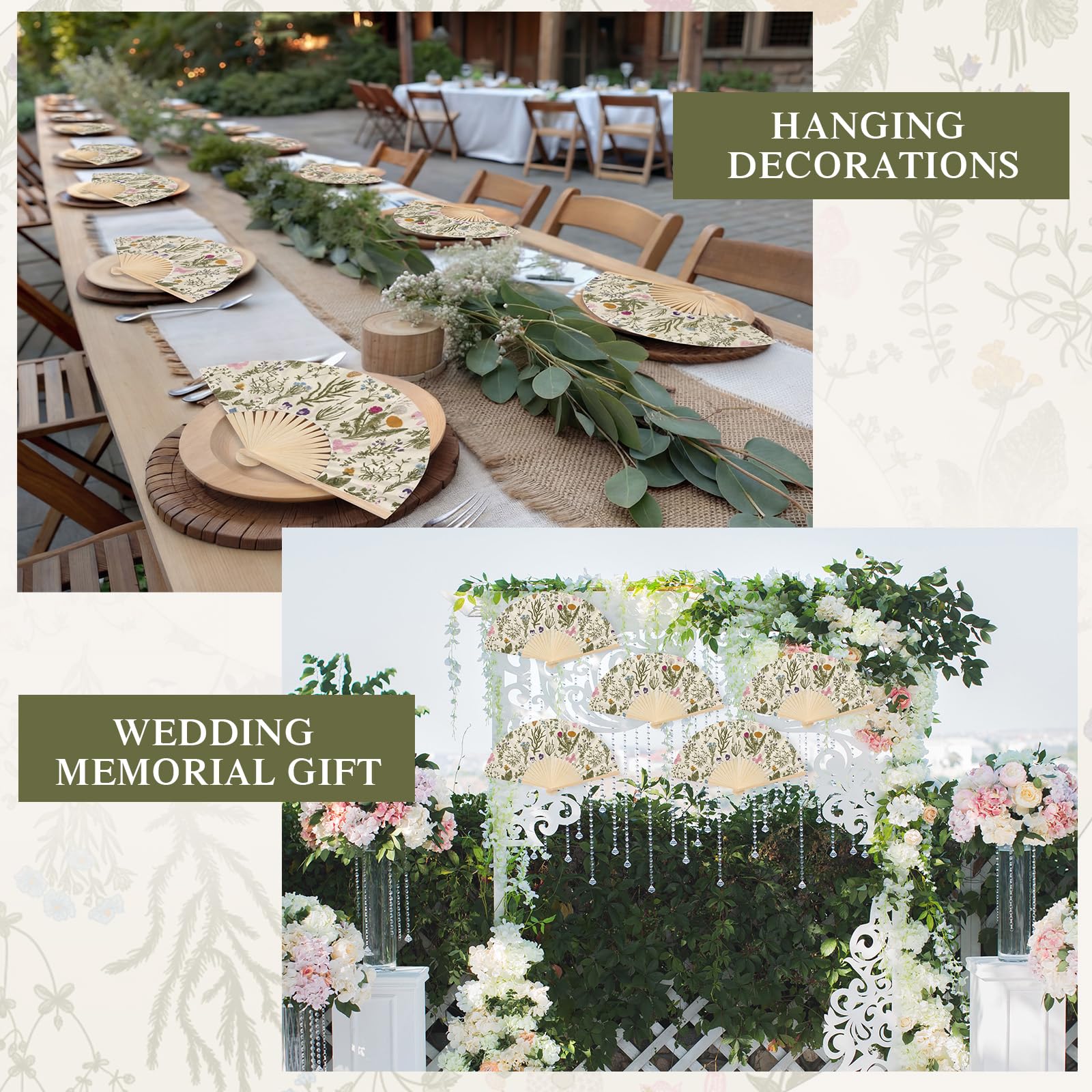 Faltbarer Handfächer mit Organza-Beuteln, Motiv: Wildblumen, Teeparty, Gastgeschenke für Gäste, faltbar, Vintage-Blume, Papierfächer für Hochzeit, Brautparty, Partyzubehör, 25 Stück