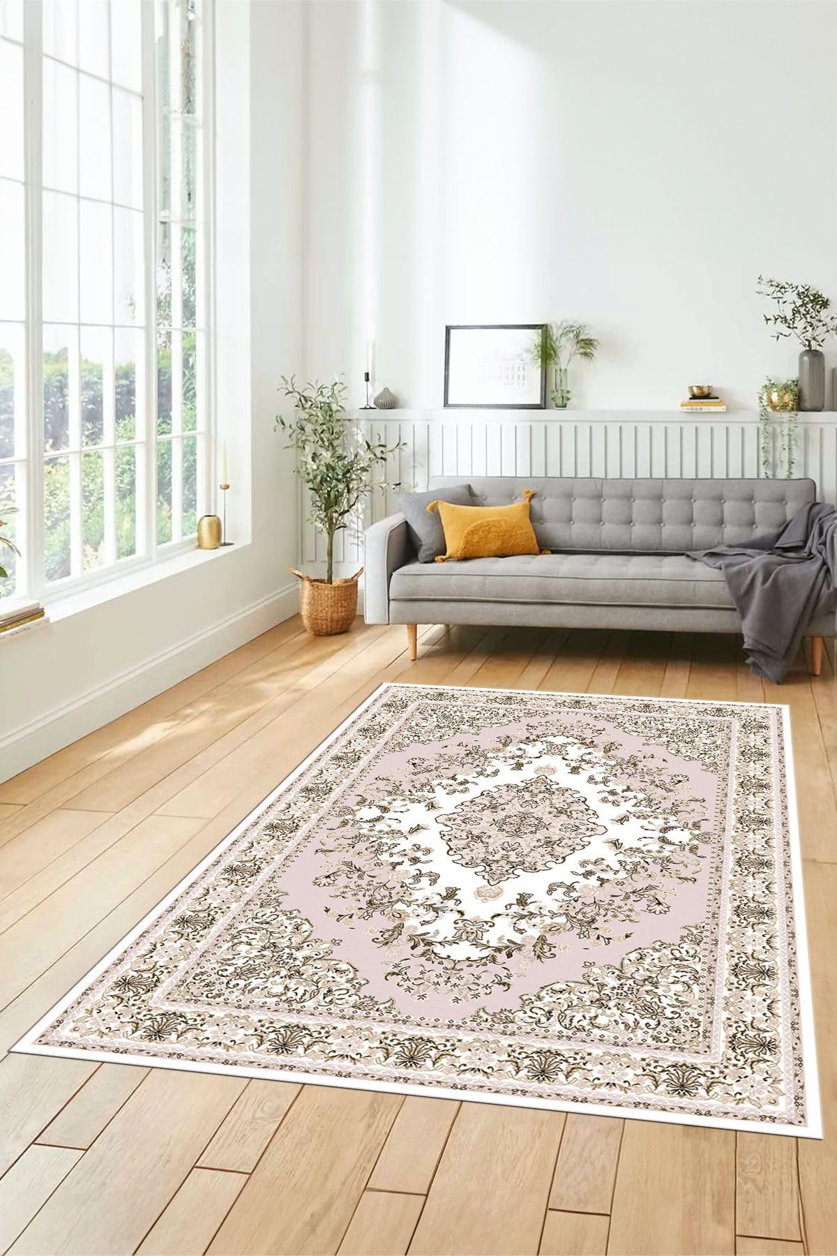 Evdeya Klasik Desenli Dijital Kaymaz Taban Yıkanabilir Yolluk Mutfak Salon Halısı KLASİK-23, Pembe, 80 x 300