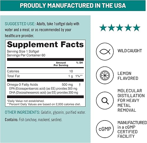 Miniatura 8 de NatureWise Aceite de pescado Omega 3  500 mg por píldora  EPA y DHA  Apoyo inmunológico, cerebro y bienestar óptimo  Sin gluten ni soja, sin OMG  60