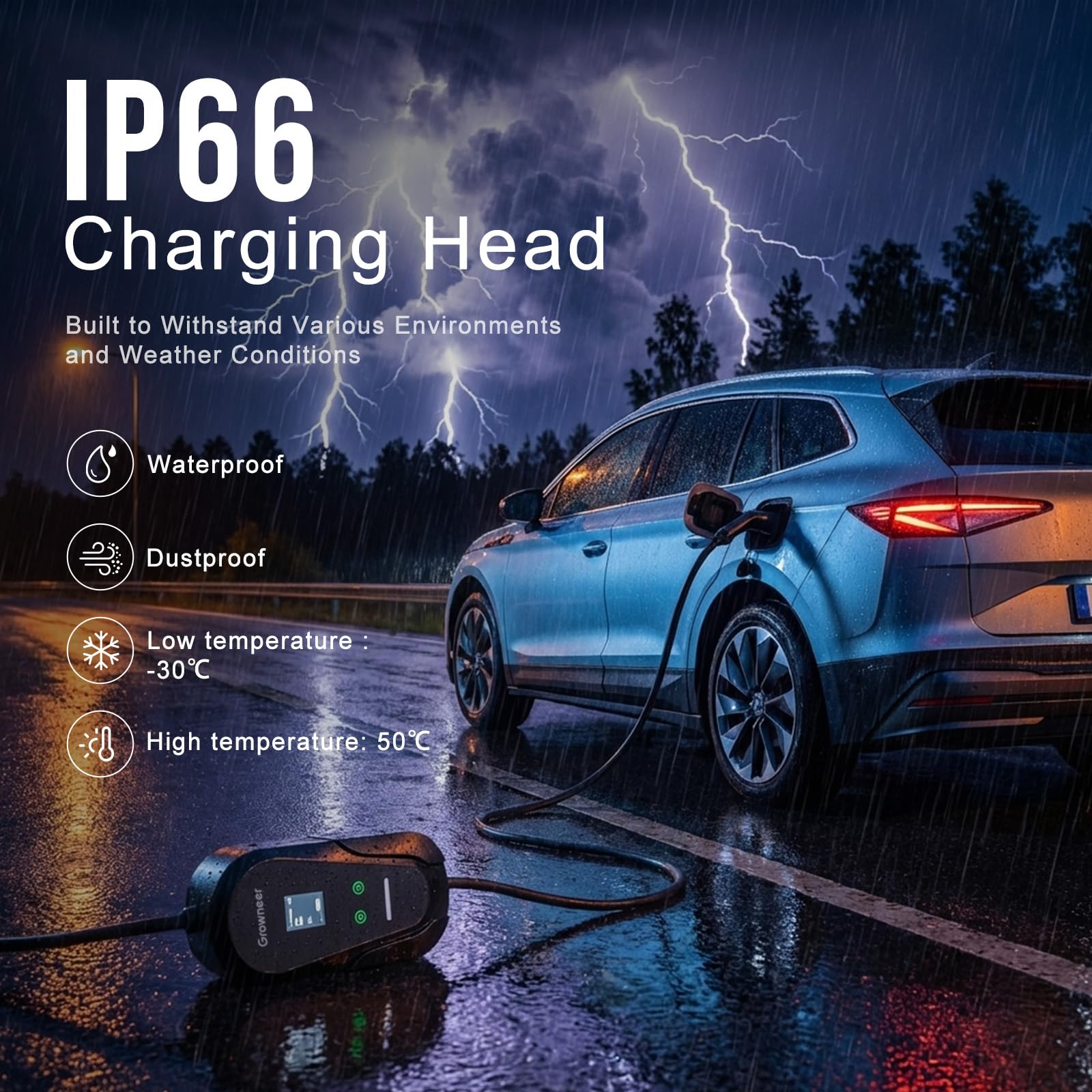 GROWNEER EV Charger 3 Pin Plug 20Ft/6.1M Type 2 Charging Cable 3kW, [6/8/10/13A] Electric Car granny Charger IP66 Advanced Protection car charging cable Suitable for EVs & PHEVs - 4