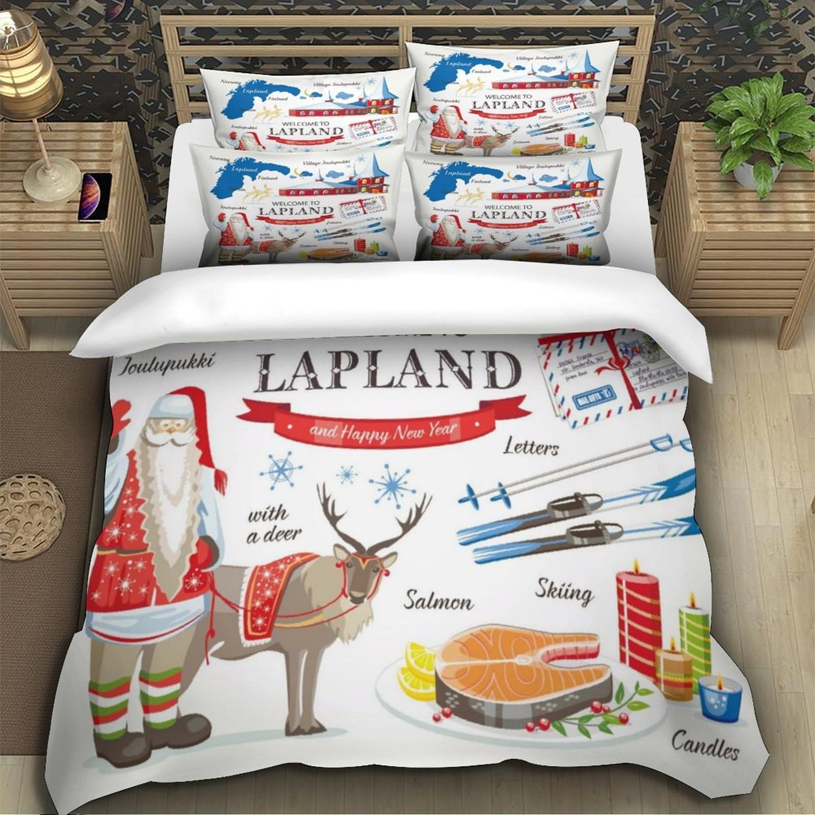 Guía de Viaje de Laponia Impresión 3D 3 Piezas Funda de edredón Estilo Festivo escandinavo cubrecama Microfibra morbida Cierre Cremallera para bebés niños Hombres Super King（260x220cm）