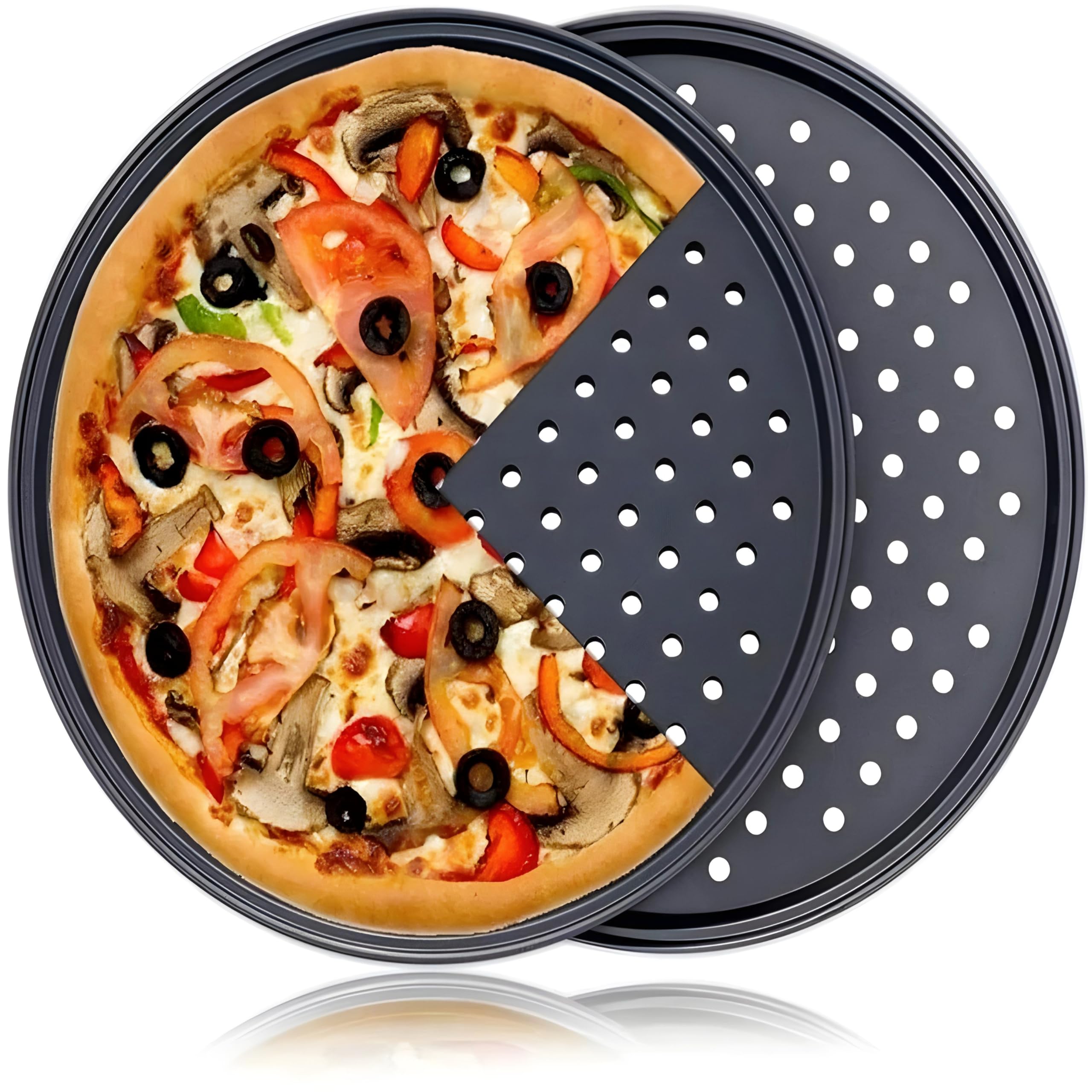 Nozzy Juego de tres bandejas redondas antiadherentes para hornear pizzas, 26/28/32 cm
