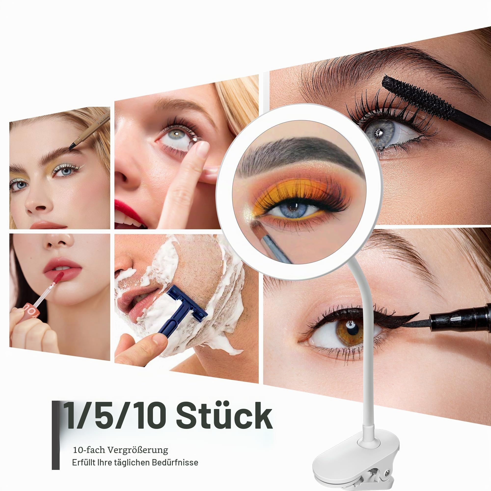 YNGTUOE 16,5 cm beleuchteter Clip-On-Schminkspiegel, Schwanenhals-Reisespiegel, 5-fache Vergrößerung, USB-Lade-Rasierspiegel für den Schreibtisch (weiß, 5-Fach)
