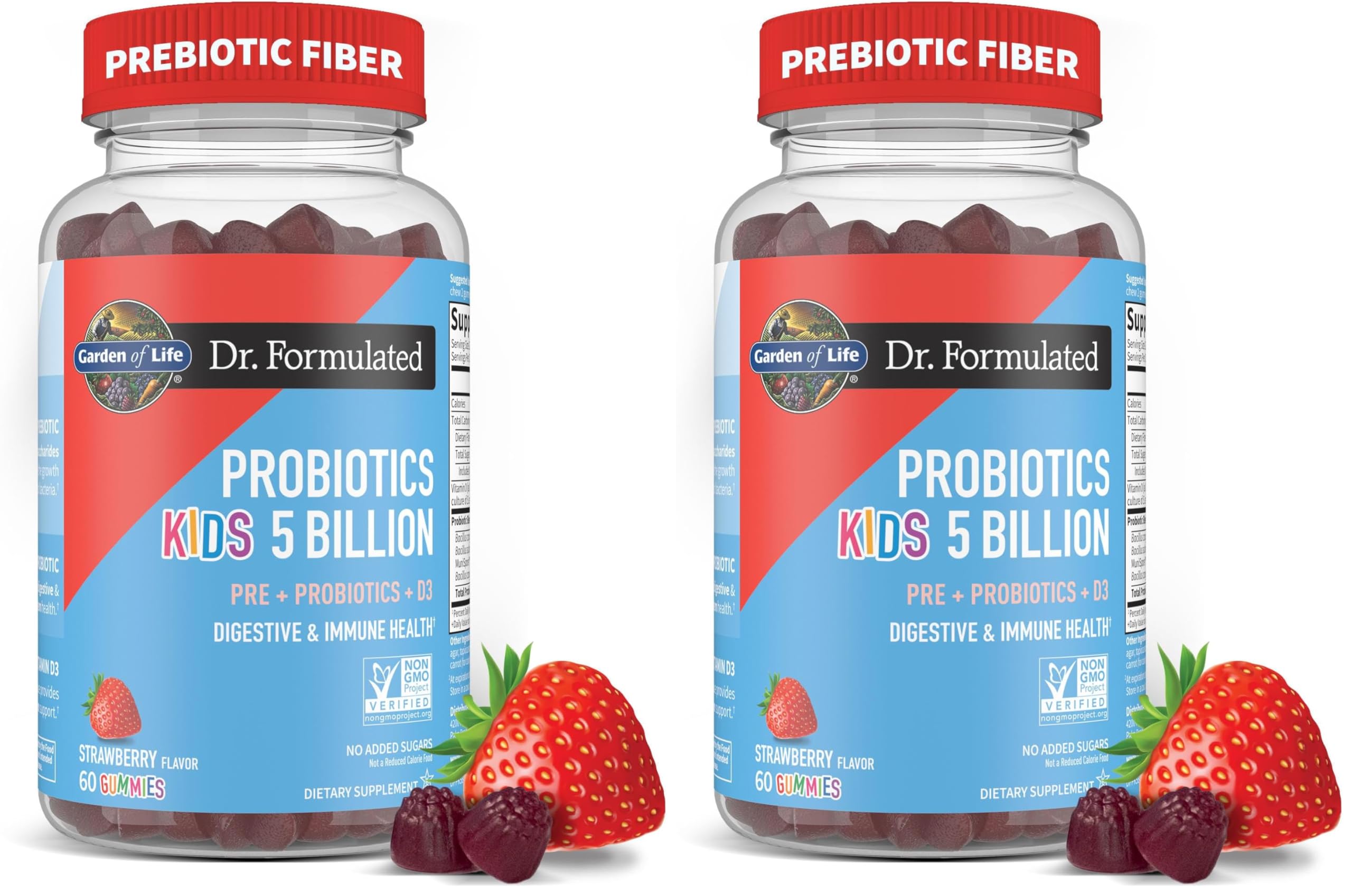 Garden of Life Dr Formulated 5 Billion CFU Prebiotic Fiber, Probiotic and Vitamin D3 for Kids Digestive & Immune Health – Gluten Free,Non GMO,No Added Sugars, Strawberry Flavor,60 Gummies,(Pack of 2) 60 Count (Pack of 2)