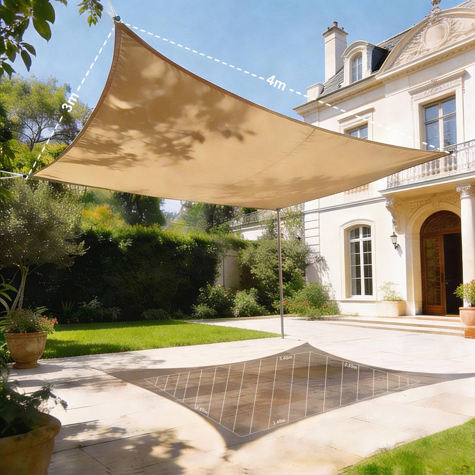 HAIKUS Voile d'ombrage Imperméable Rectangulaire 3x4m, Toile PES Résistant à l'eau, Filet Rectangle 4x3m, Résistant 98% Protection Rayons UV pour Patio Terrasse Extérieur, Sable 3x4
