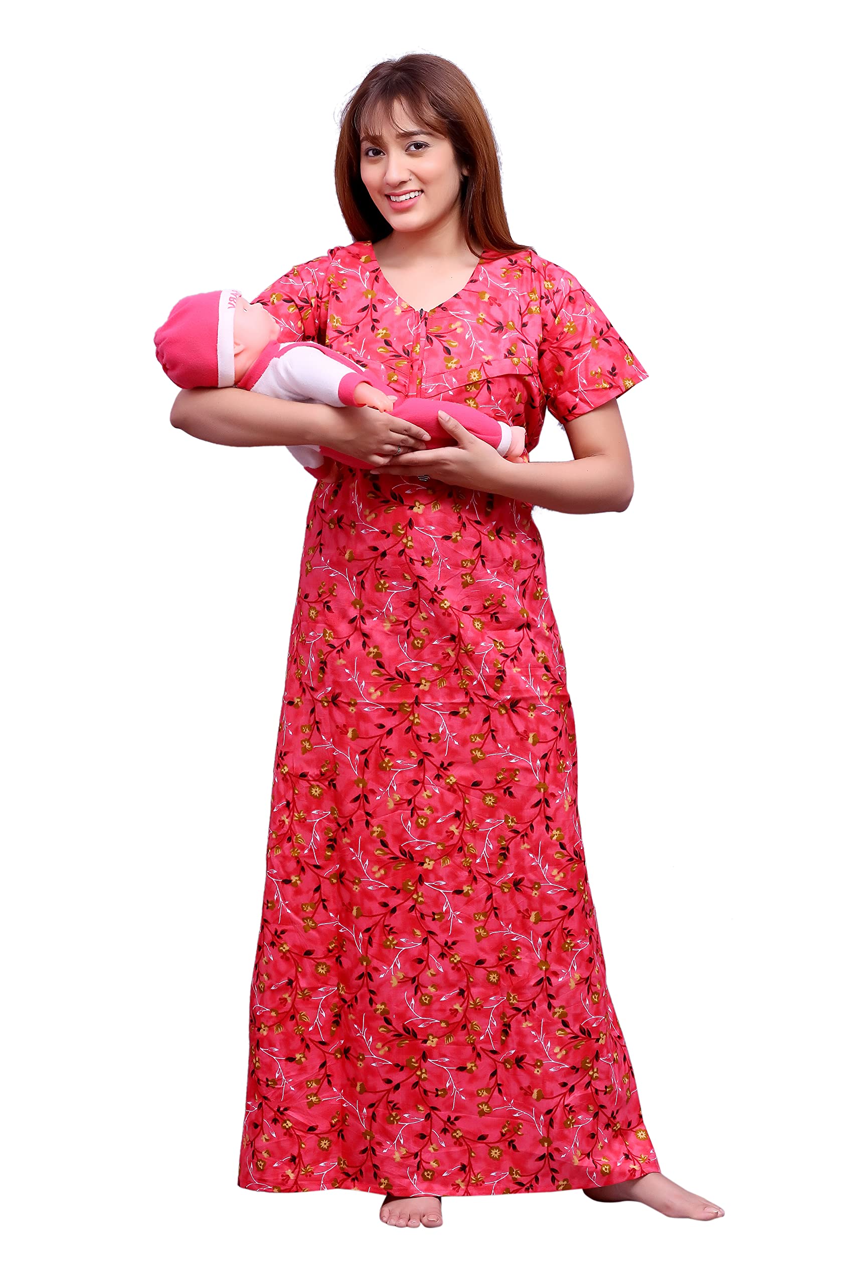 Feeding Nighty in Pure Cotton with 3 zips First Zip on Neck for Comfortable Wearing & Other 2 zips on Front for Feeding Purpose Maternity Nighty, Baby Feeder Zipper Nighty (Tomato Peach Color)-image-38
