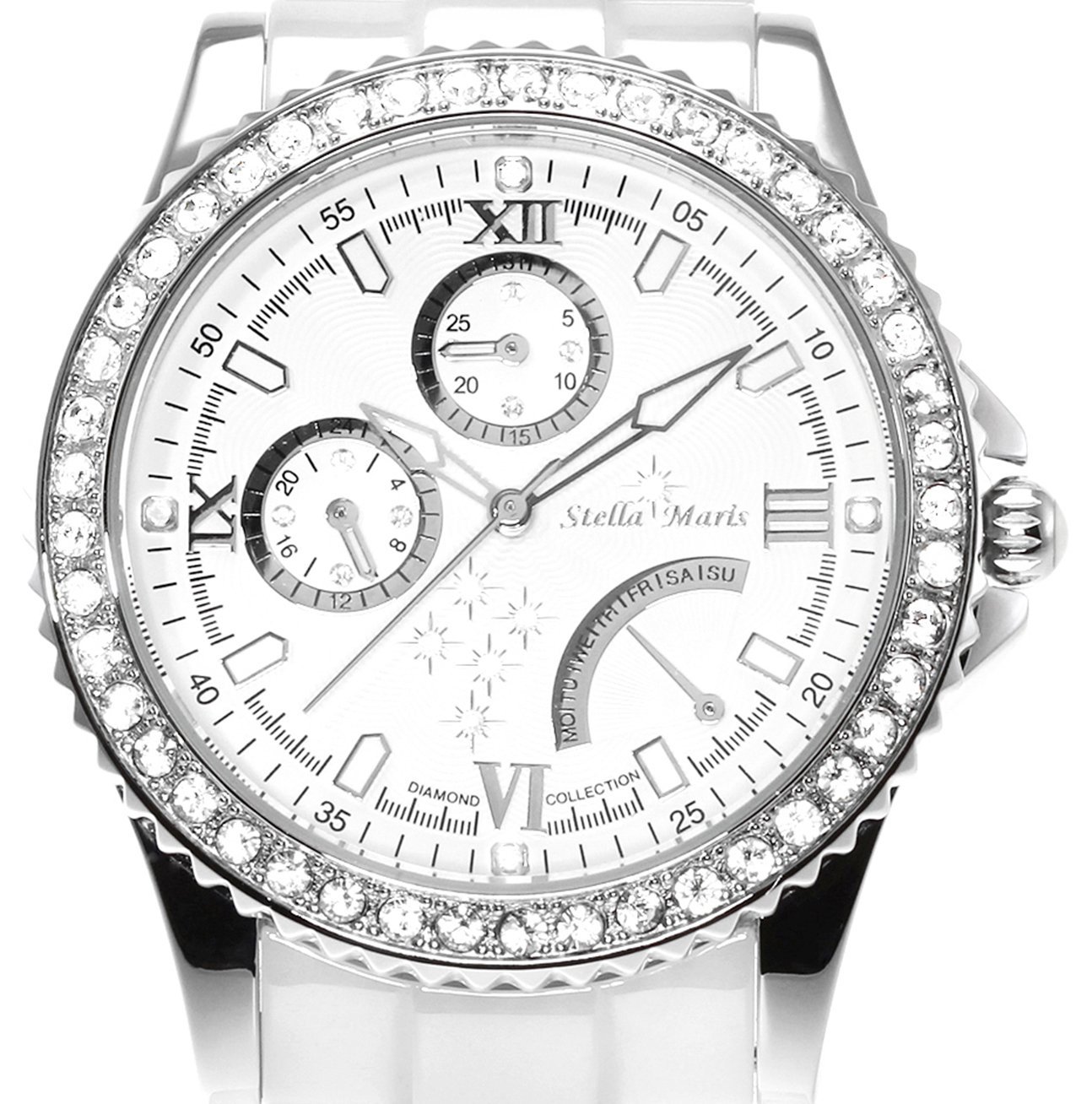 Stella Maris Damen Armbanduhr Analog Quarz Uhr Stilvolle Elegante Damenuhr Frauenuhr Weiß Silber Premium Keramik Armband Diamanten Swarovski STM15N1