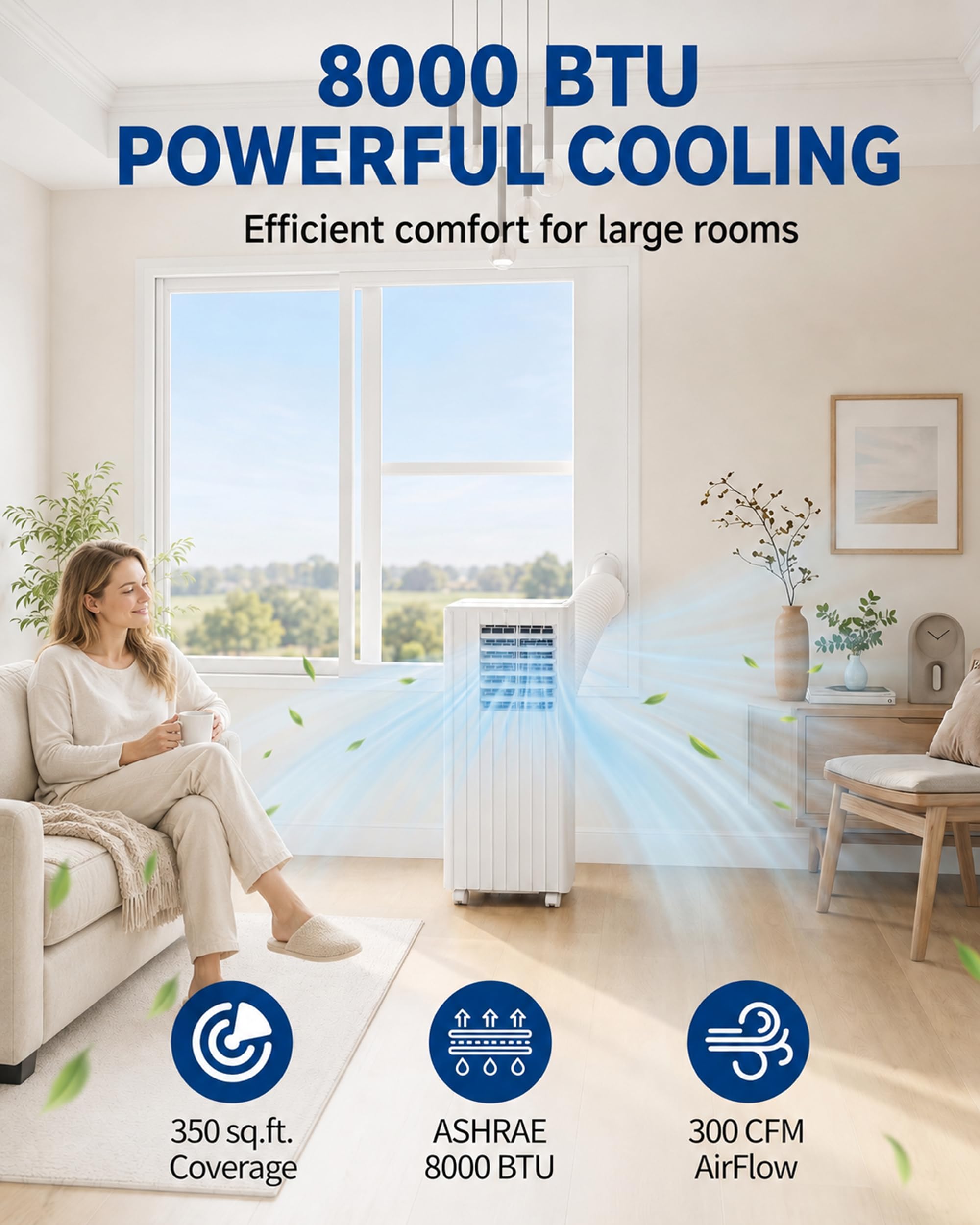 Climatiseur mobile, 8000 BTU, refroidit la pièce jusqu'à 350 mètres carrés, unité AC 3 en 1 avec mode déshumidificateur et ventilateur, télécommande, ultra silencieux 48 dB, blanc et