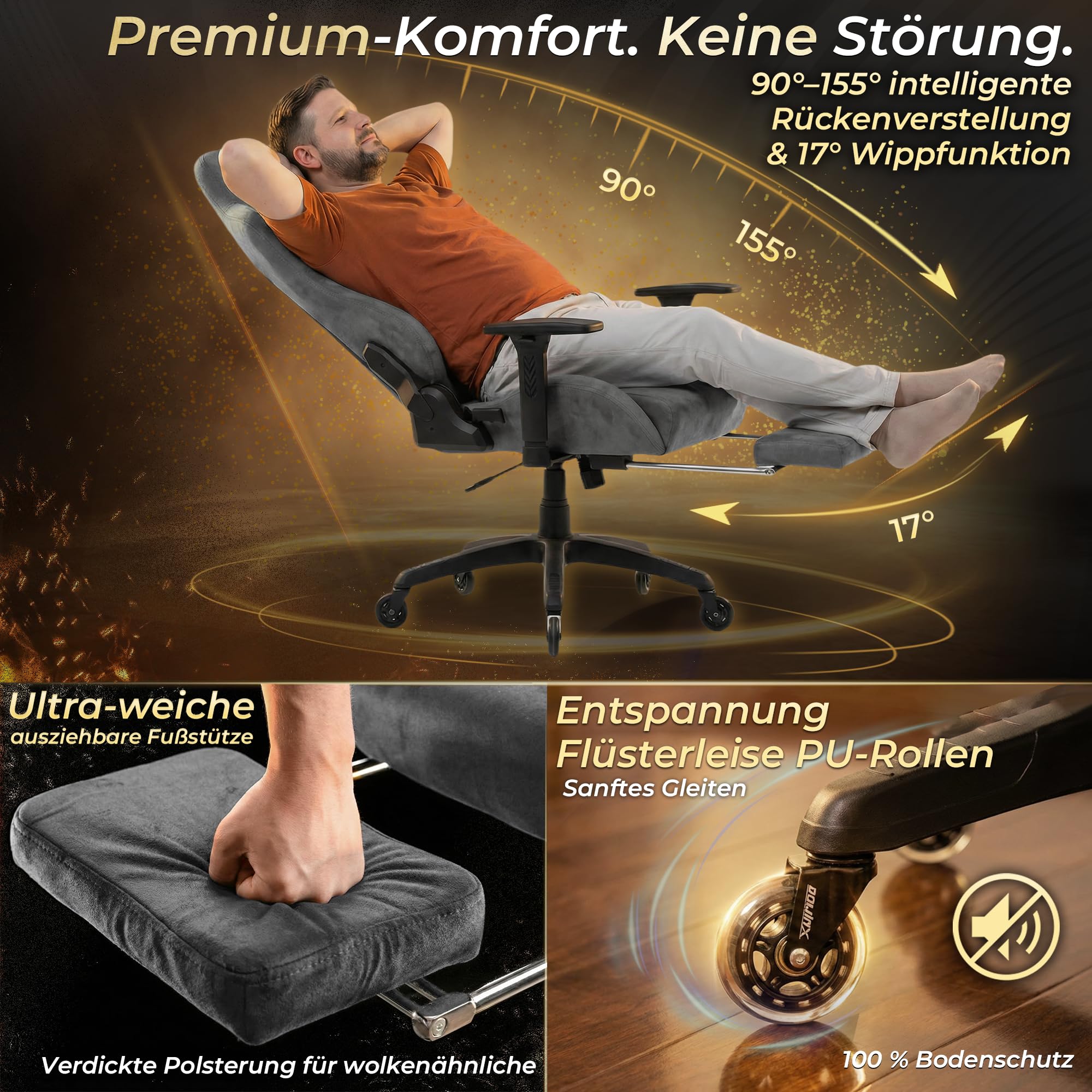 Dowinx Gaming Stuhl,Ergonomischer Wildlederimitat Gamer Chair,Gaming Sessel,Verstellbar Fußstütze und 3D Armlehnen,200KG Tragkraft Bürostuhl mit Geräuschlose Rollen,Schreibtischstuhl,Grau