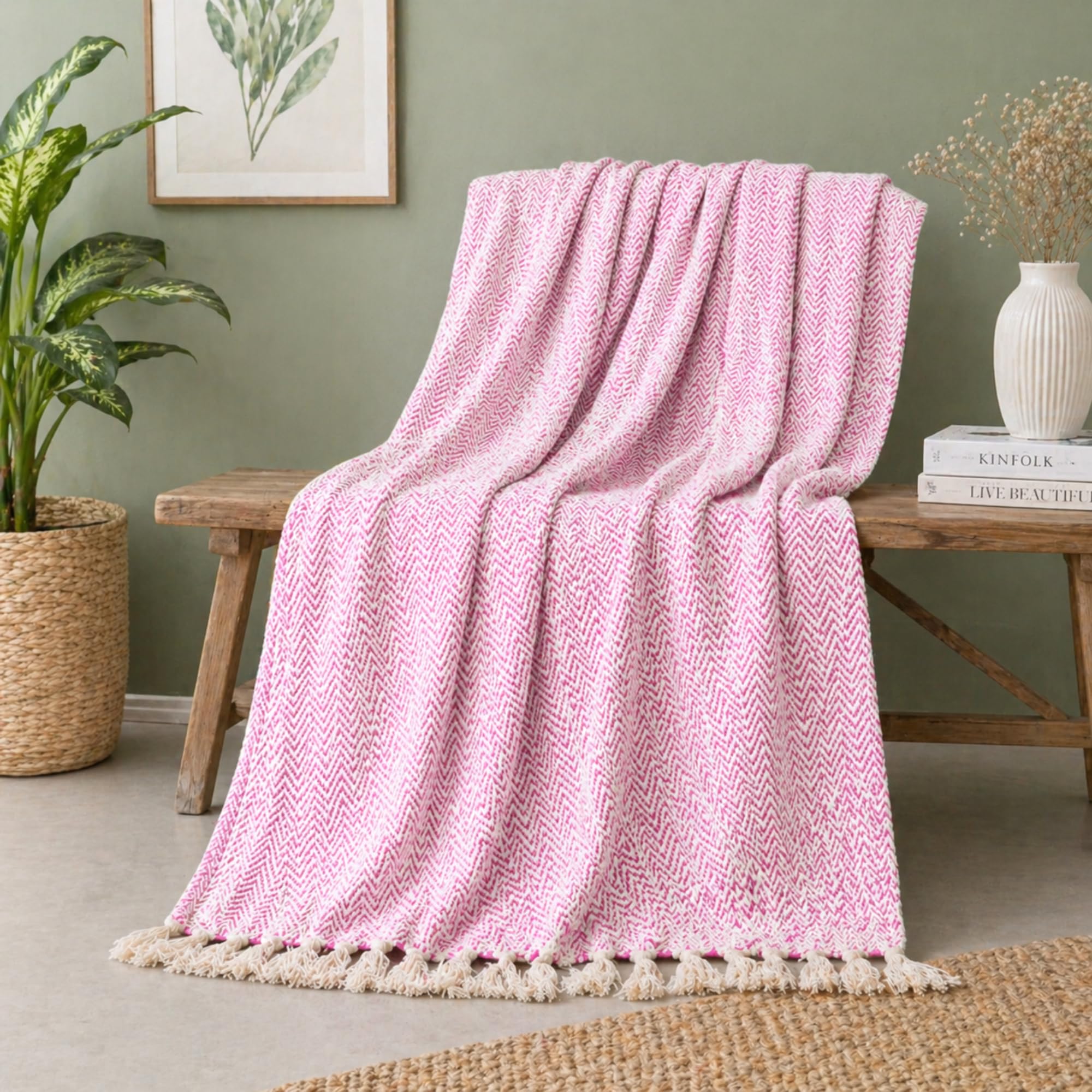 Tarantaran Pink Couch Throw Blanket Cotton Herringbone Weave Soft Cozy Tassel Sofa Cover Decorative Home Accent-image-37
