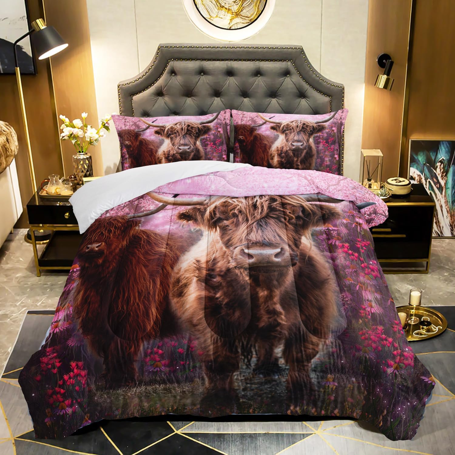 XYNHML Cow Print Comforter Set Queen Size Cherry Blossoms Cow Bedding Set Farmhouse