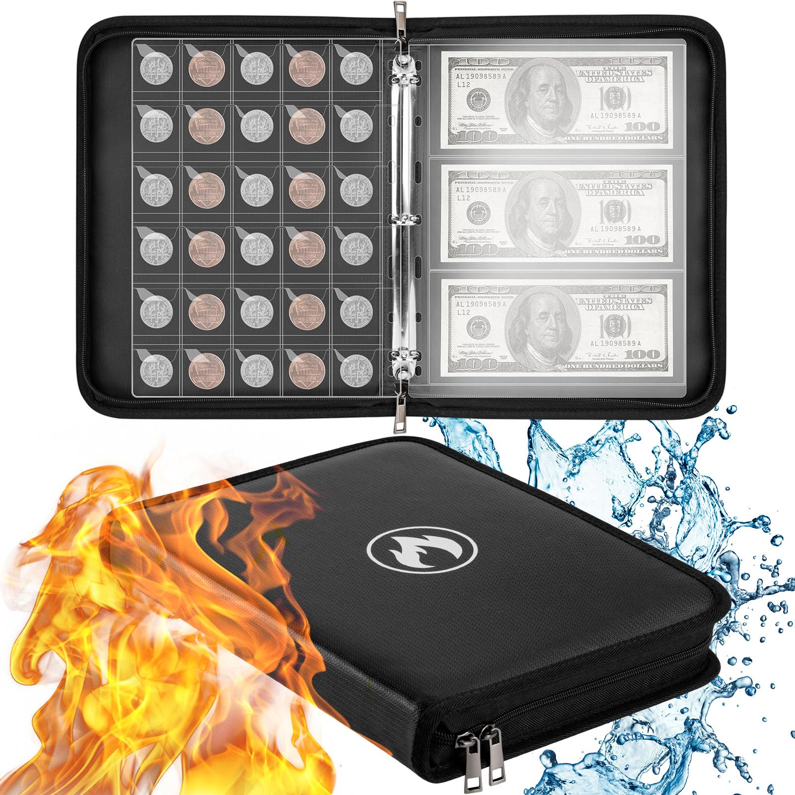 Coin Collection Book Holder for Collectors, 250 Fireproof Coin Album & 30 Penny Sleeves, Money Saving Binder for Coin, Bill, Currency and Stamp, Coin Capsules*10