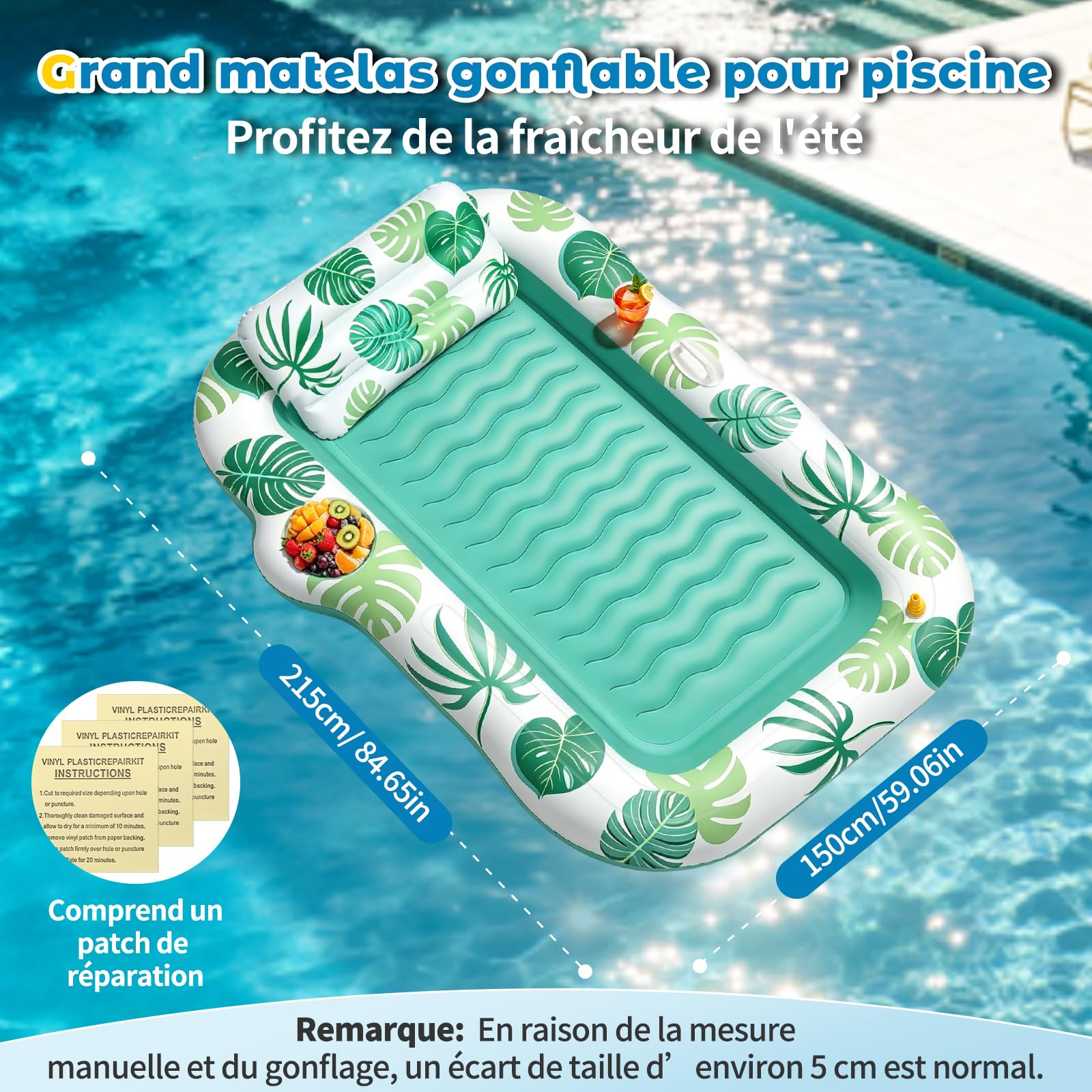 JONRRYIN Matelas Gonflable Piscine Adulte, Tanning Pool avec Fonction Brumisation & Porte-Gobelet, 215×150 cm Fauteuil Flottant, Hamac Gonflable pour Piscine et Plage