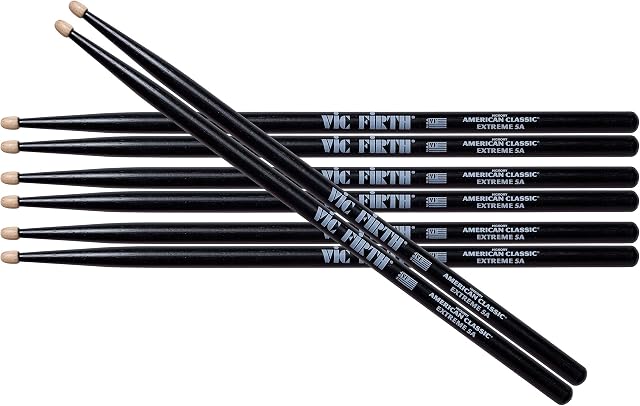 Vic Firth American Classic Series Pałeczki perkusyjne - Extreme X5A - American Hickory - Wood Tip - Black - 4 x Para Value Pack, PX5AB3-X5A1