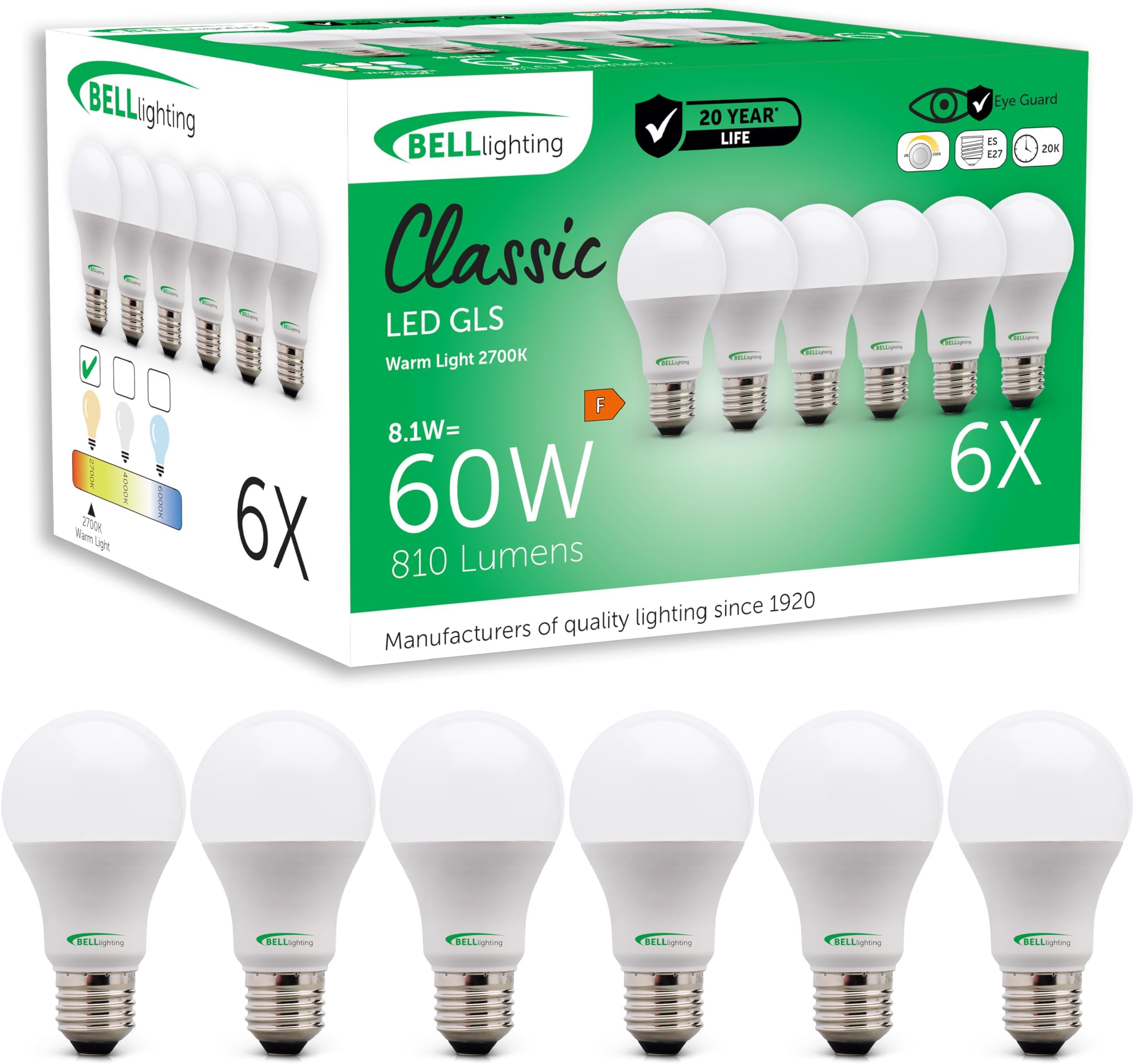 BELL Lighting E27 Edison Screw Cap Dimmable Light Bulb LED GLS 6 Pack | Warm White 2700K | 810 Lumen 8.1W | Energy Saving GLS LED Light Bulb | 60W Lamp Equivalent