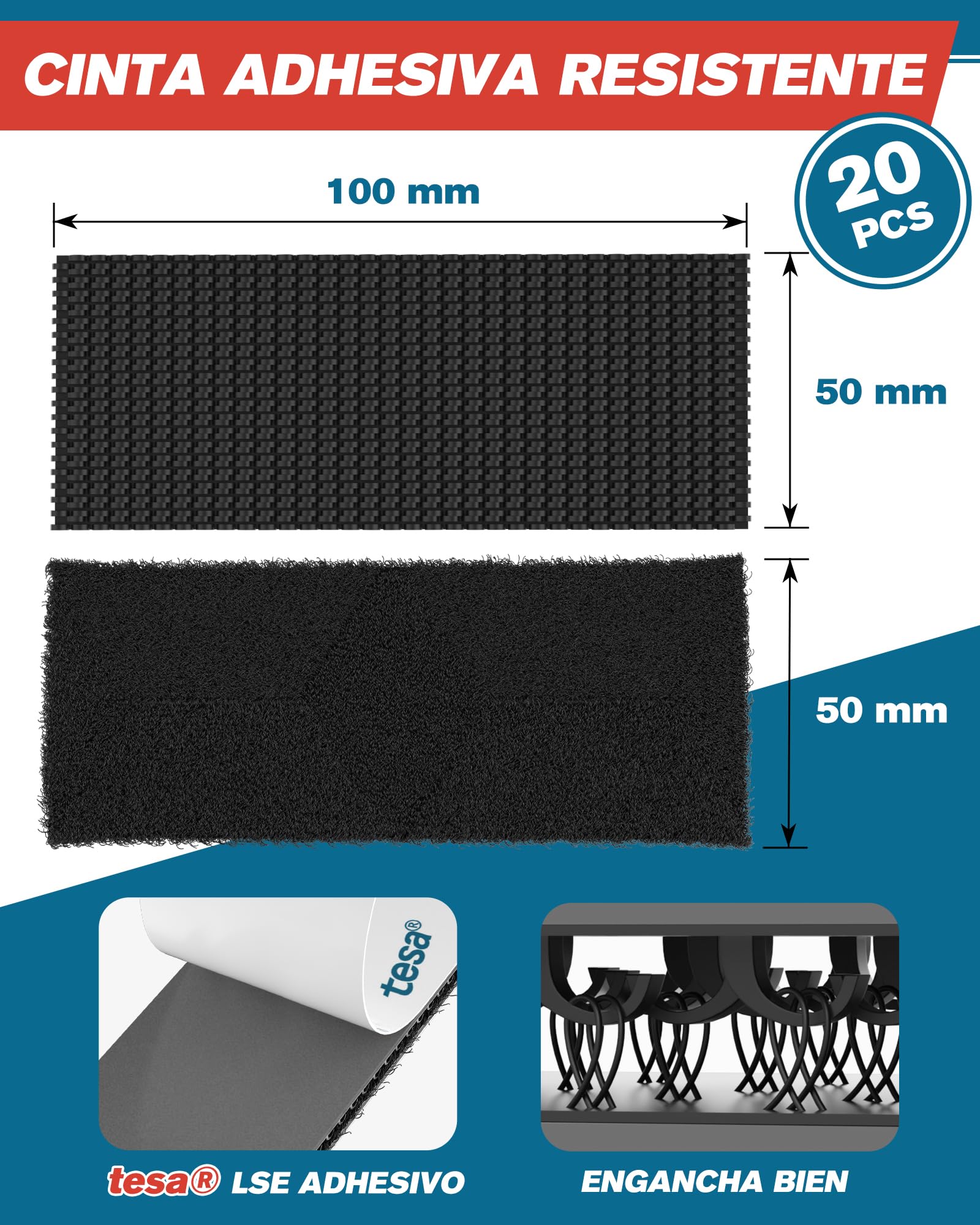 EMITEVER Autoadhesiva Doble Cara, 50X100mm Tiras Hook y Loop Tape Extrafuerte, Para Marcos De Fotos, Mosquiteras, Alfombrillas, Automóviles y Hecho a Mano (Negro, 50mmX100mm 20Pares)