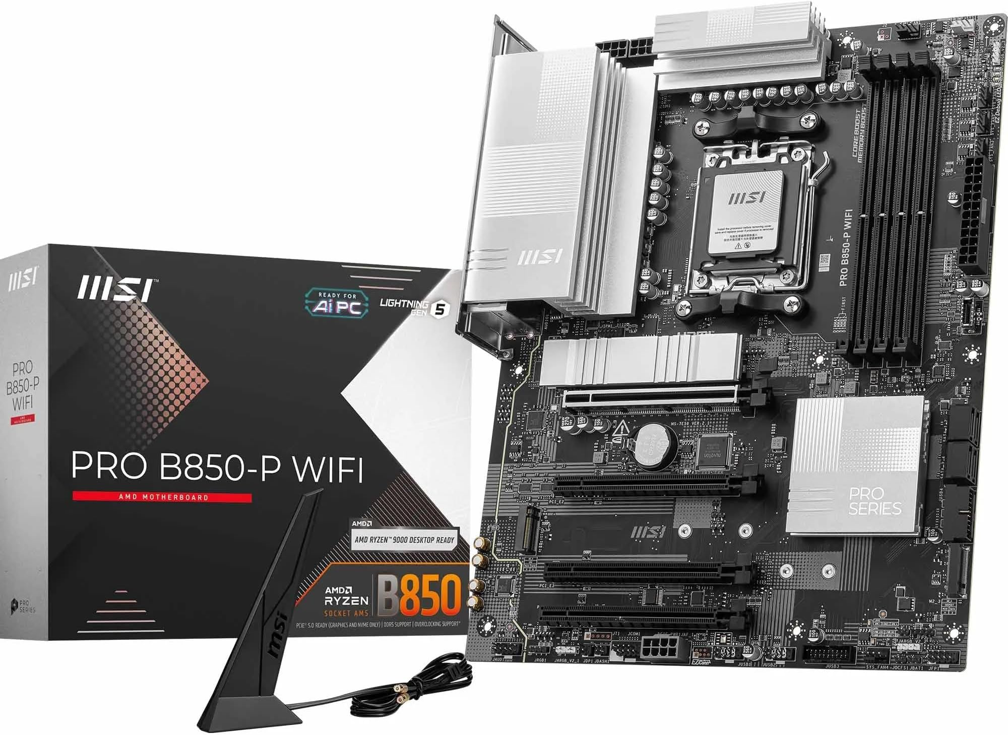 MSI PRO B850-P WIFI Motherboard, ATX - Supports AMD Ryzen 9000/8000 / 7000 Processors, AM5 - DDR5 Memory Boost (8200+ MT/s OC), PCIe 5.0 x16 & 4.0 x16, M.2 Gen5, Wi-Fi 7, 5G LAN