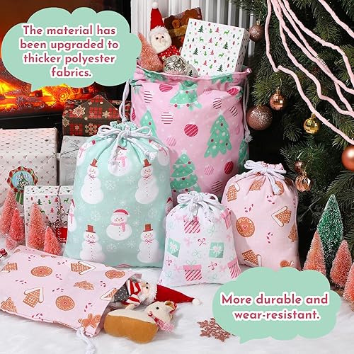 Miniatura 5 de Clysee 10 bolsas de regalo de tela rosa de Navidad con cordones, bolsas de almacenamiento para calcetines de Navidad, grandes, medianas y pequeñas,