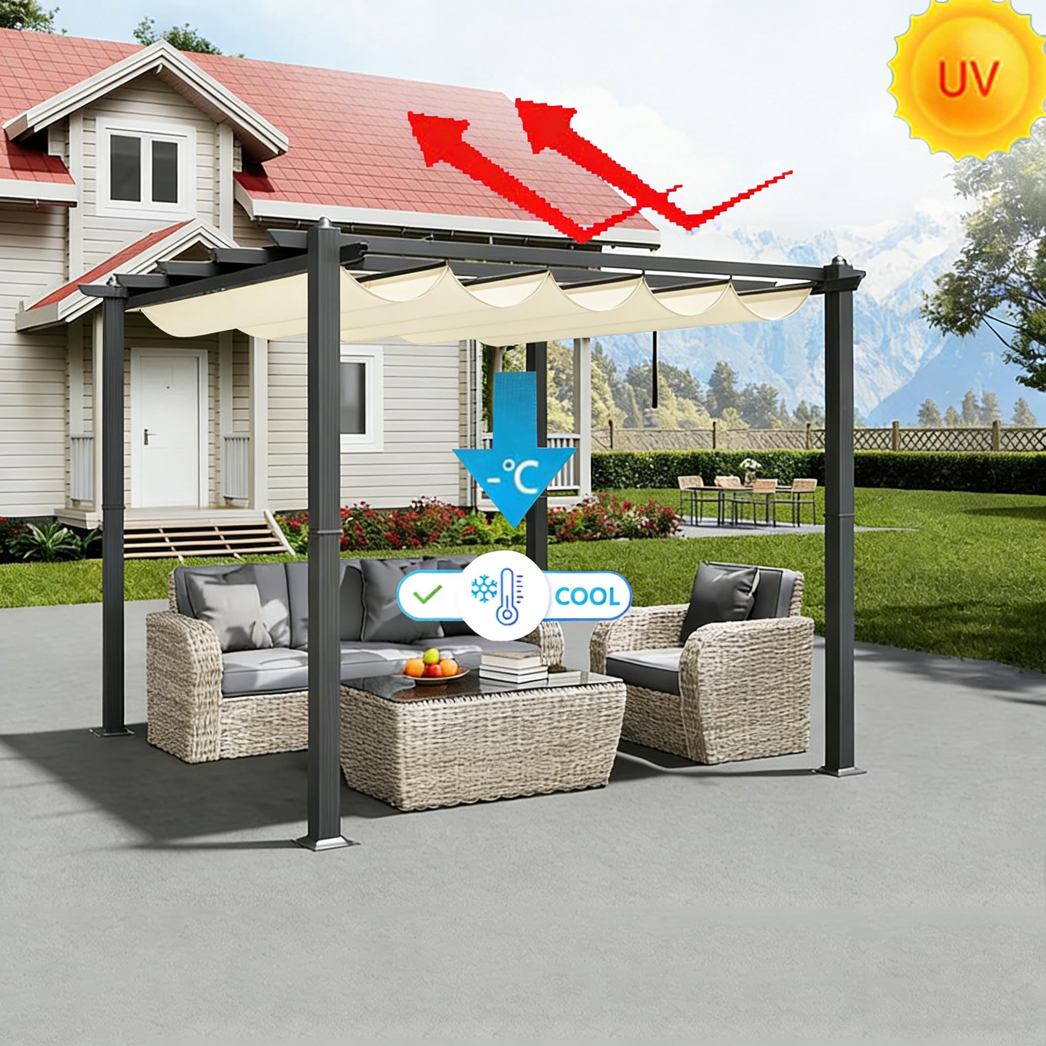 Retráctil Toldo Vela Rectangular 2x6M Toldos Exterior Terraza Impermeable Ondulada Toldo Vela de Sombra con Ojales y Cuerdas 95% protección UV para Exterior Patio jardín Crema