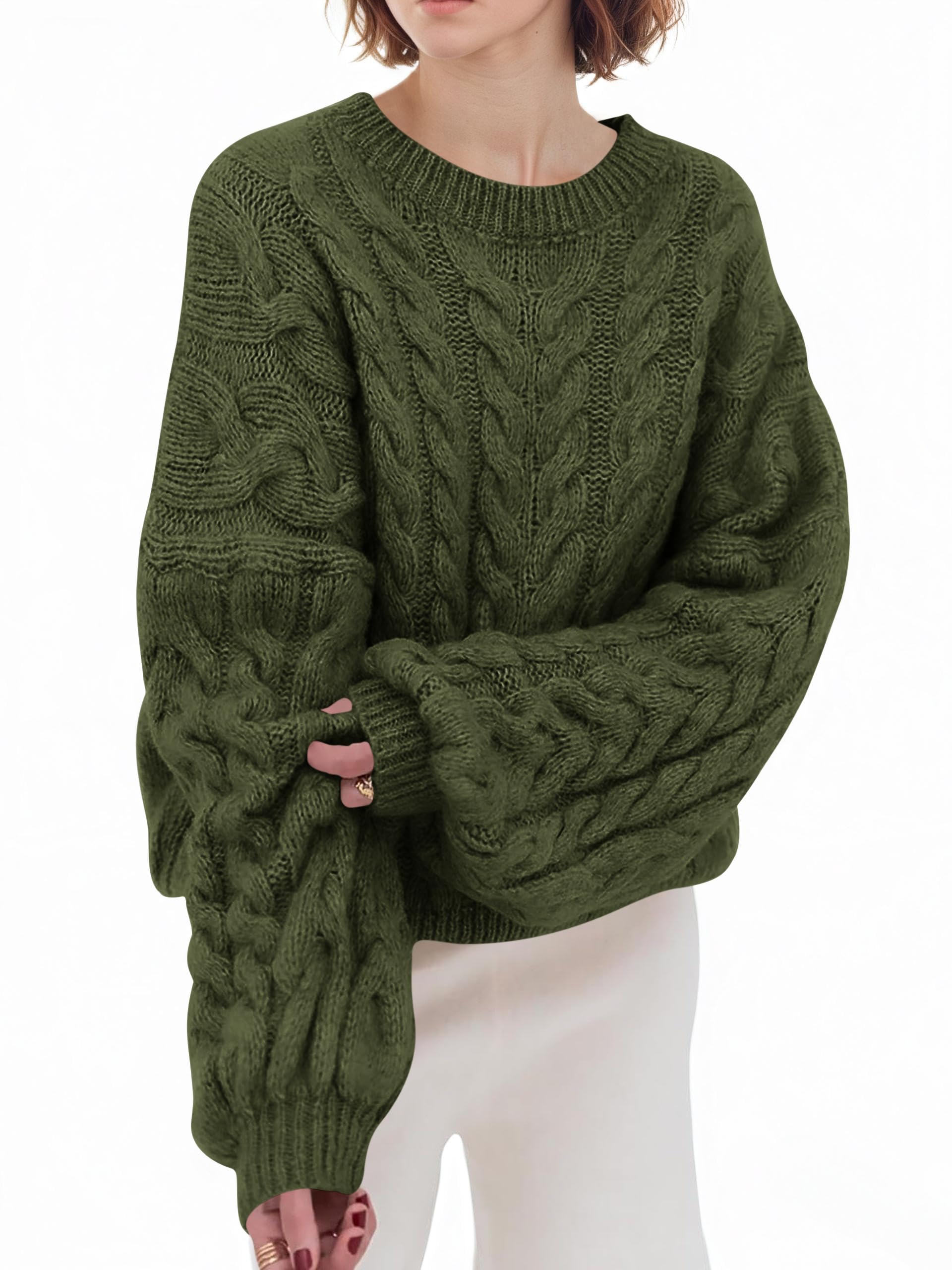 Saodimallsu Pullover Damen Oversized Rundhals Strickpullover Langarm Zopfmuster Grobstrick Pulli Tops Einfarbig Casual Winter Oberteile