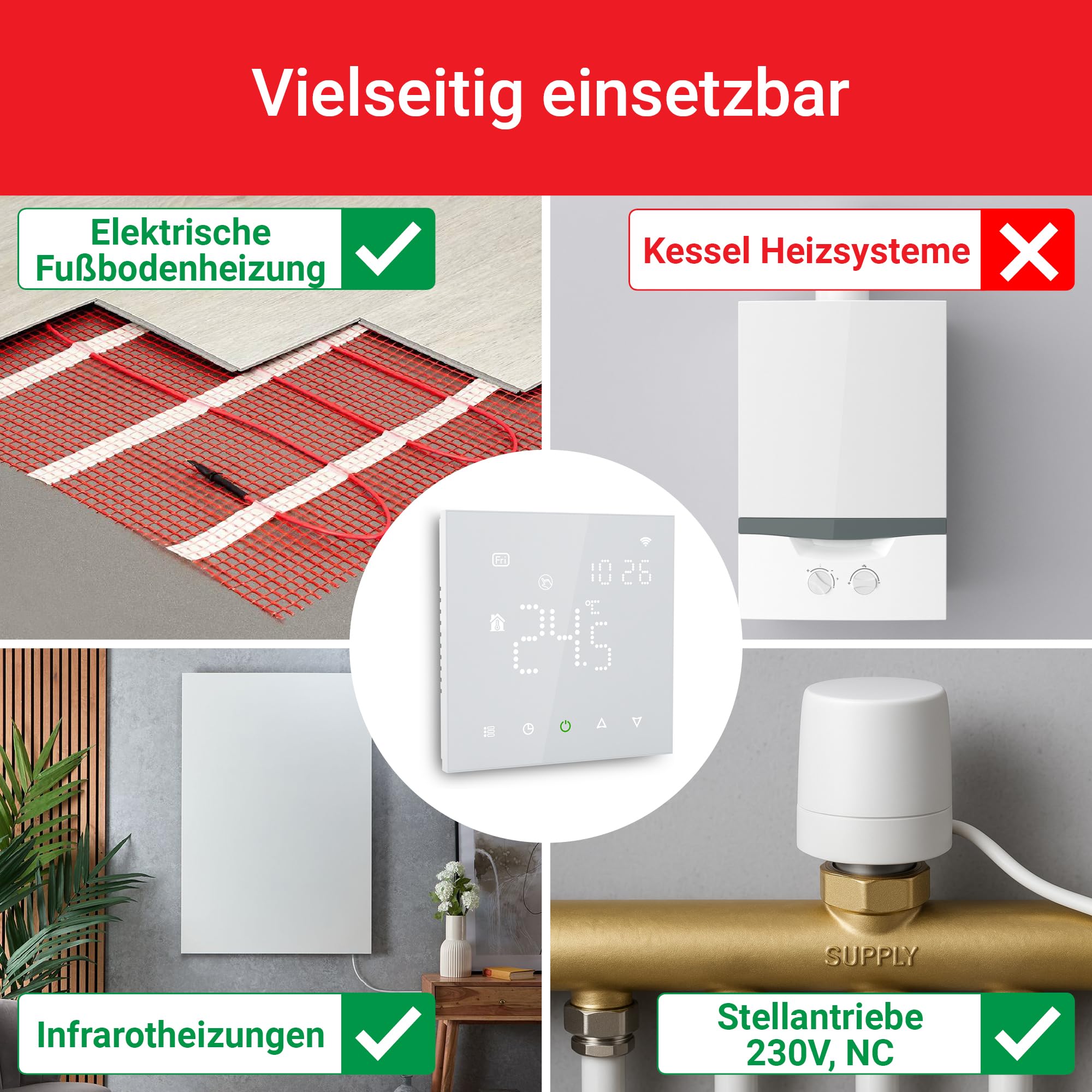 Elektrobock PT741W-EI Raumthermostat mit WiFi | Smartes Thermostat für Fußbodenheizung & Elektroheizung | 6 Programme/Tag | Geofencing & Fenster-Offen-Erkennung | 230V, 16A, Weiß