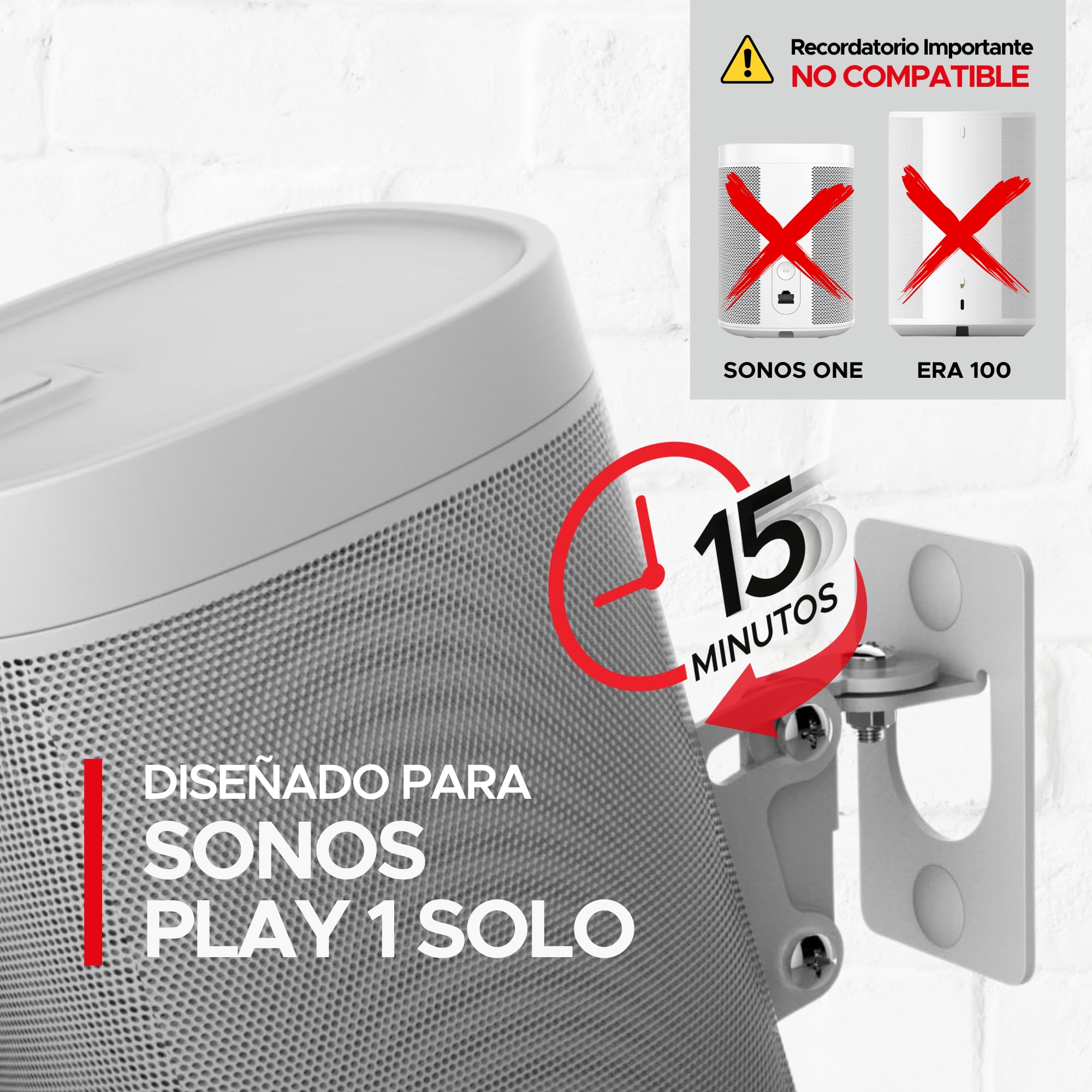 2 x Sonos Play:1 Montaje de Pared (No Compatible con Sonos One), Ajustable con Mecanismo de Giro e Inclinación, Soporte Individual para Altavoz Play 1 con Accesorios de Montaje, Blanco, Paquete