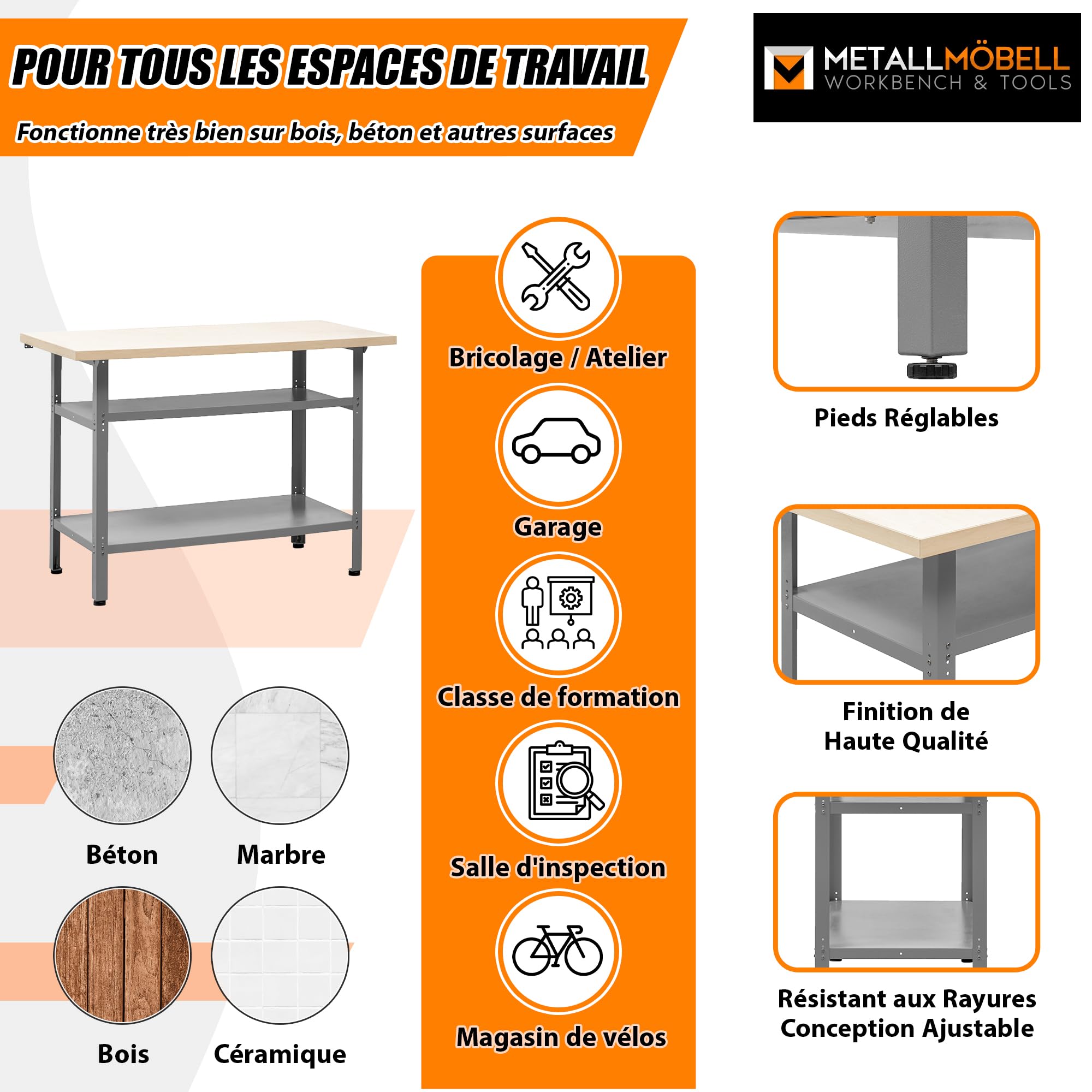 METALLMOBELL - Etabli Atelier Garage | 120x60x84cm, avec Étagères et Pieds Réglables | Table de Travail Bricolage, Établi Atelier, Meuble Garage - MB008G-N