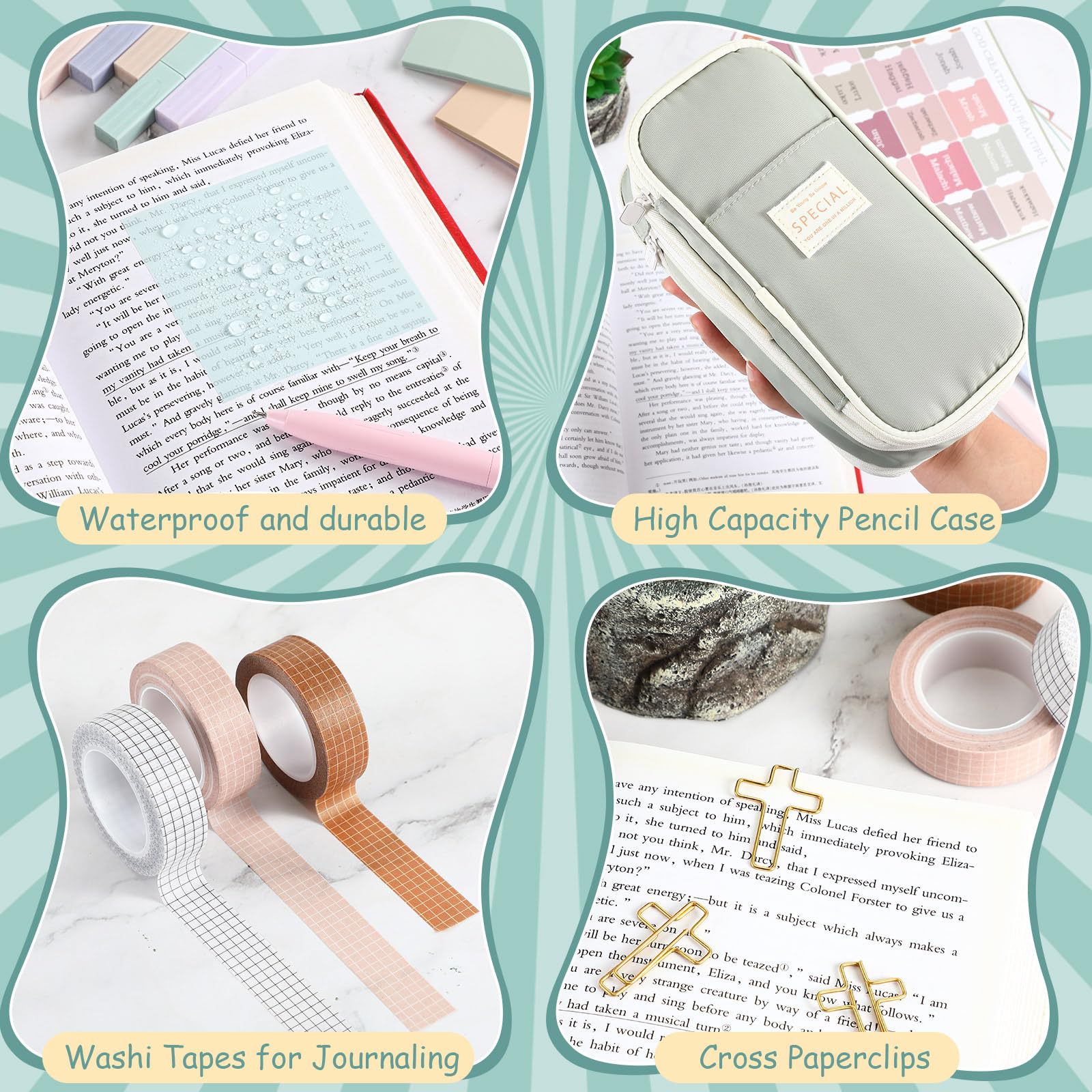Dunzoom Zestaw do dziennika biblijnego, 12 zakreślaczy bez przebarwień, 6 gładkich długopisów żelowych, 75 laminowanych zakładek biblijnych, 3 taśmy Washi, 4 karteczki samoprzylepne, 35 spinaczy do