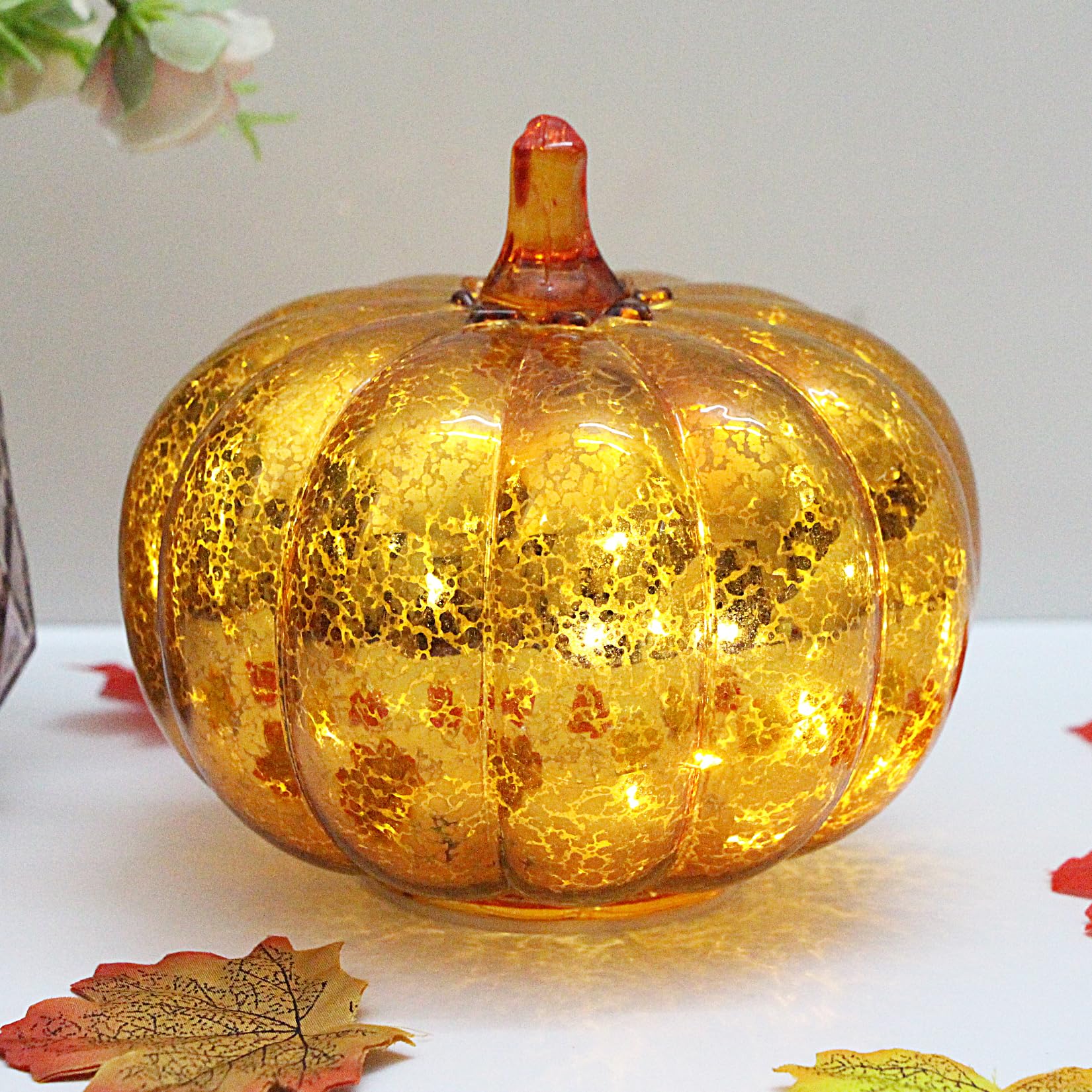 Mercury Glass Pumpkin Light with Timer, with 10 Fairy Lights Inside, Battery Operated Led Pumpkin Lamp, Ideal for Halloween Fall Decoration, Thanksgiving Rustic Decor, Xmas Décor