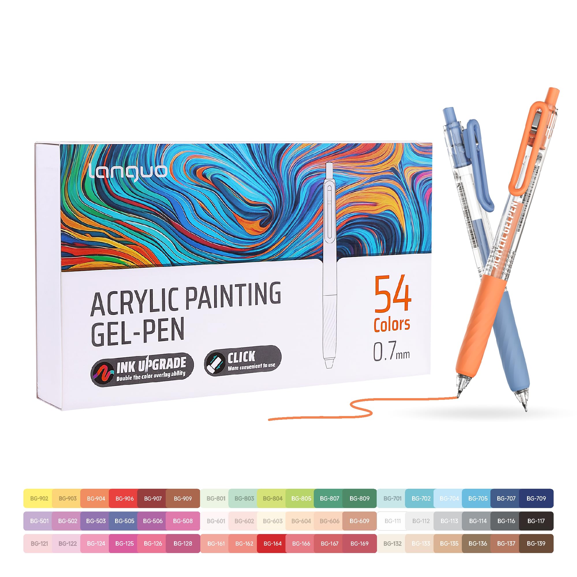 languo Acrylgelschreiber, einziehbar, zum Ausmalen, Set mit 54 Acrylfarbstiften mit 0,7 mm Spitze, bunte Gelstifte für schwarzes Papier, Felsen, Glas, Stoff