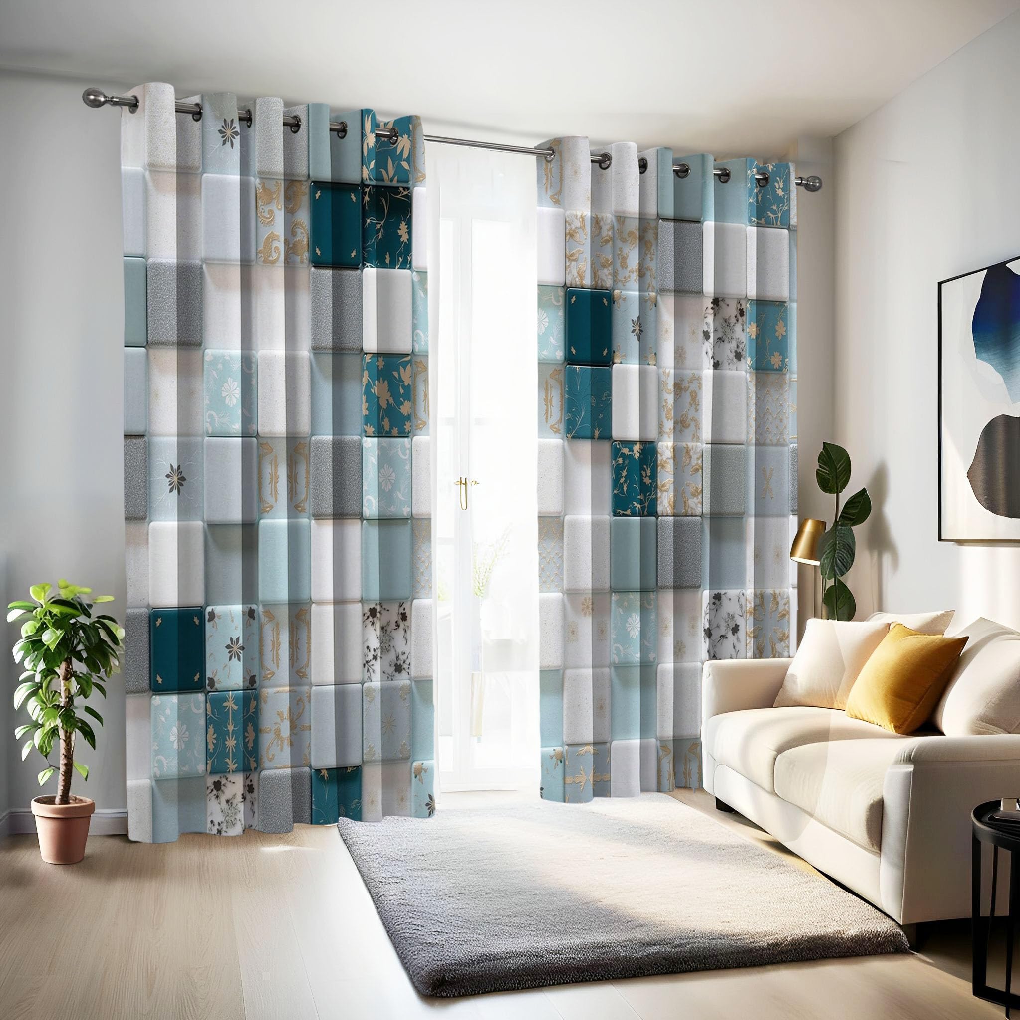 Verdunklungsvorhänge mit Ösen 2er Set H138 x B117 cm Blickdichte Vorhänge 3D-Blumenwürfel Thermovorhänge Mosaikfliesen Gardinen für Wohnzimmer Schlafzimmer Balkon Fensterdeko, Blaugrau