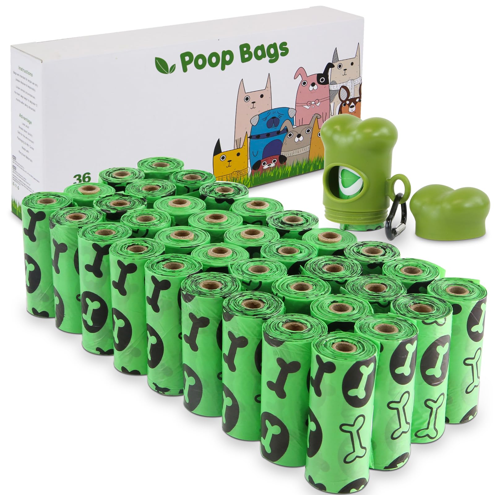 OIRLVCE Dog Poo Bags 540 Counts 36 Rolls Dog Poop Bags Rolls with Dispenser, Extra Thick Strong Leak Proof Dog Waste Bags, Green