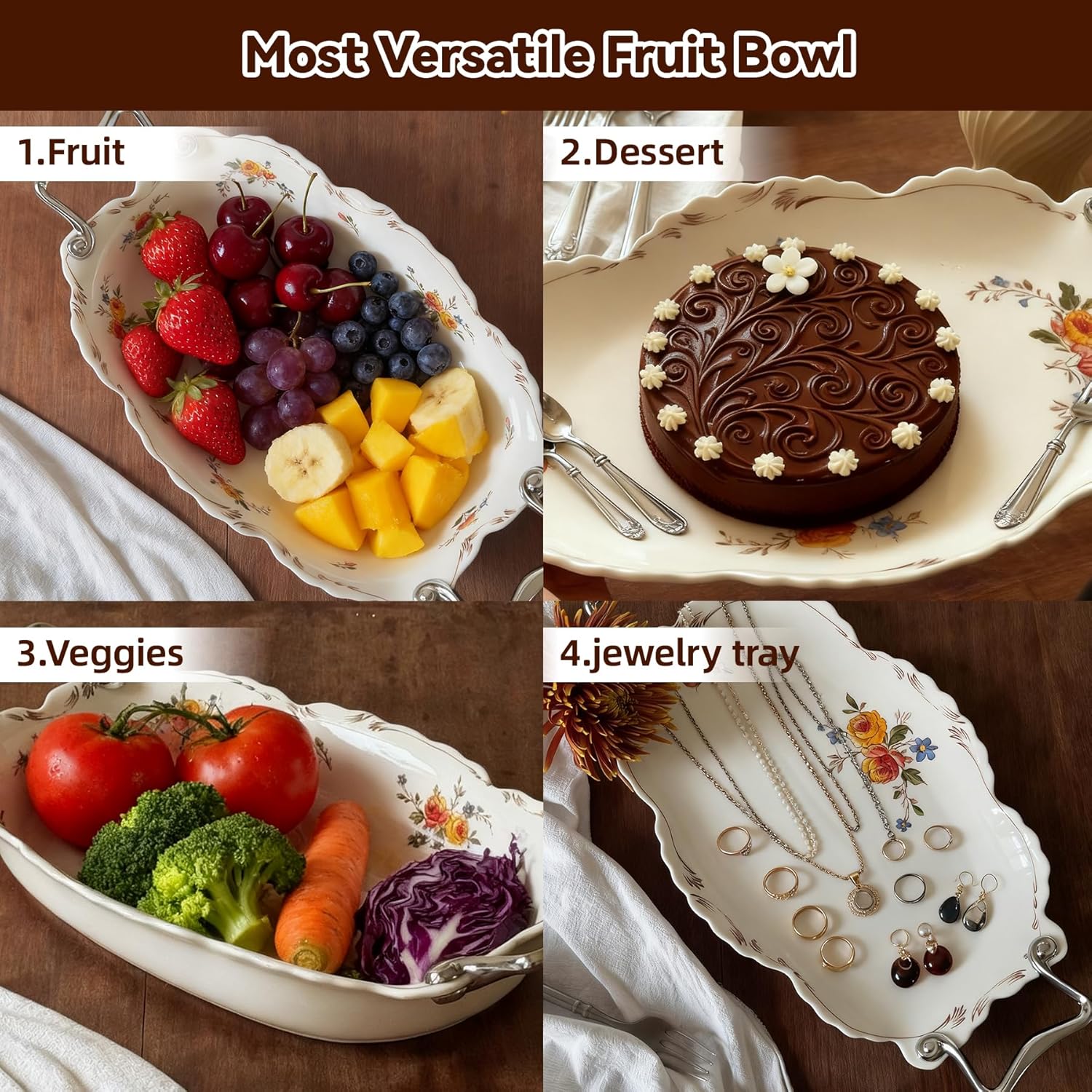 Ceramic Fruit Bowl with Metal Handle,Large Platter for Kitchen Counter,Fruit Organizer,Fruit Holder for Snacks,Desserts,Vegetable Storage,12" Decorative Bowl (Rimmed Edge Style Fruit Plate)
