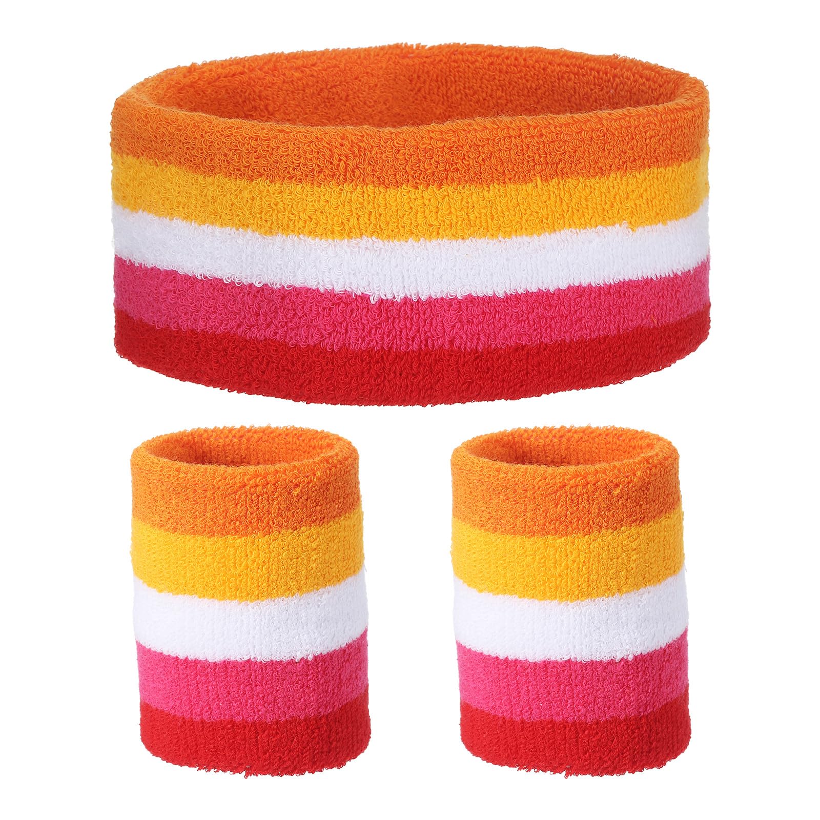 sourcing map Sweat Band Set Sports Terry Cloth Headband Wristband Set 7"x2" Moisture Wicking Sweat Absorbing Head Band for Women Men Workout Exercise (Orange/Yellow/White/Red)