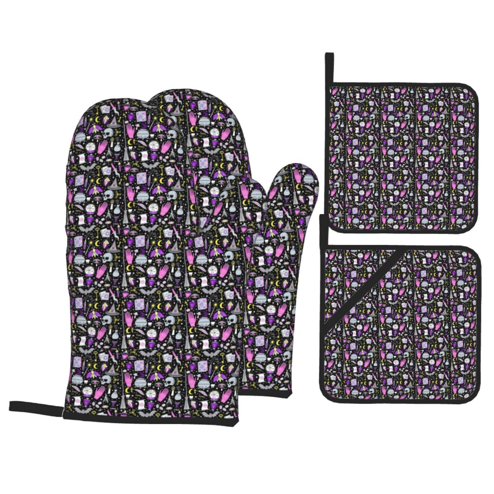 Magic Witch Witchcraft Bohemian Drawing Print Stylish Heat-Resistant Oven 4-Piece Set Kitchen Gloves Roasting Daily Cooking