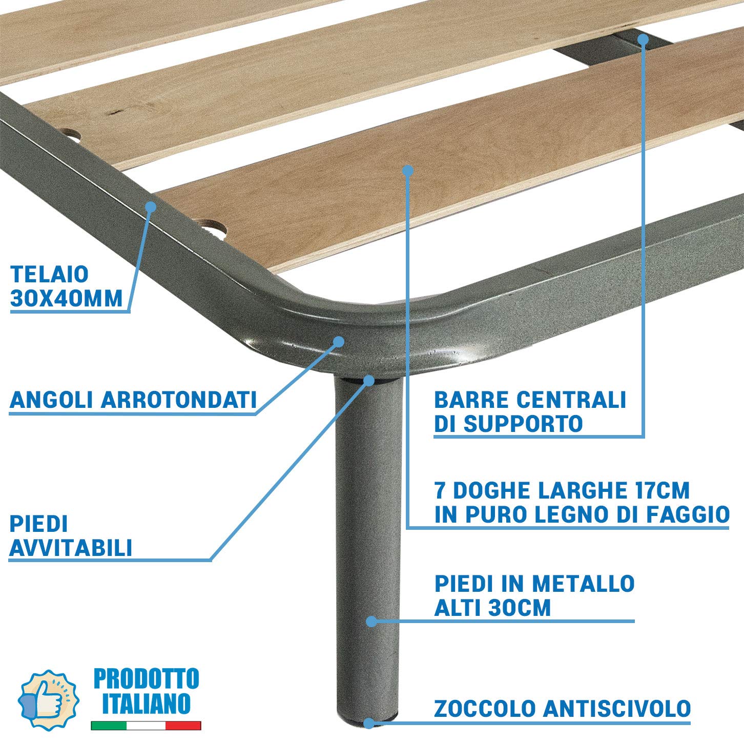 Comprarredo Rete a doghe larghe matrimoniale misure 160x190 con piedi avvitabili, robusta e resistente per materasso matrimoniale con telaio e piedi in metallo