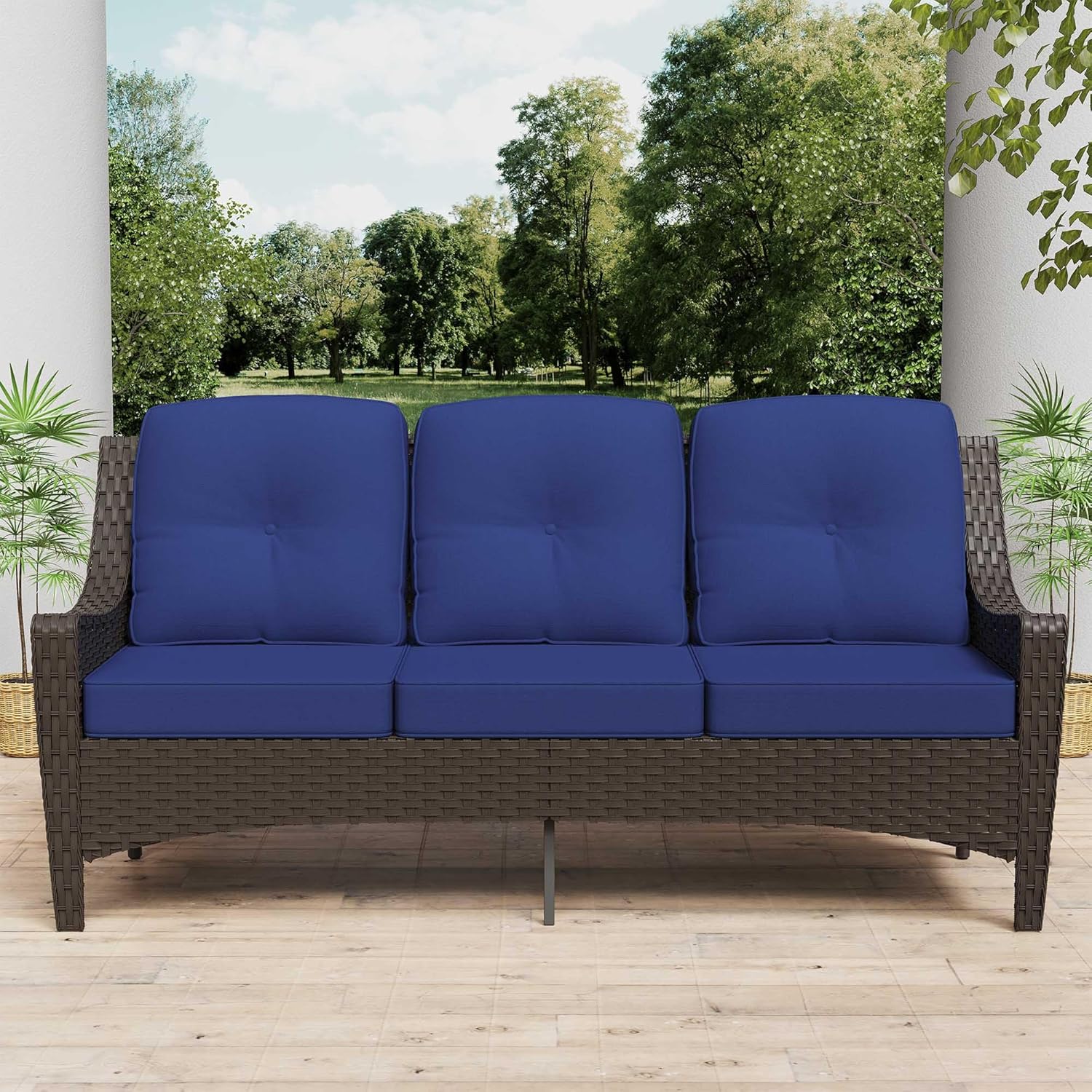 Patio Couch with High Back, 73" 3 Seats Outdoor Rattan Sofa, All Weather PE Wicker Couch with Waterproof Cushion for Porch, Backyard, Balcony, Deck