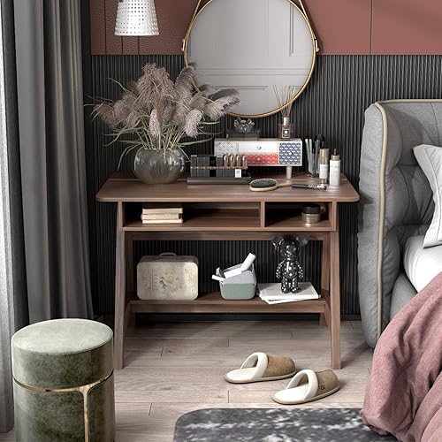 Miniatura 4 de Tangkula Escritorio para computadora, mesa de trabajo de 43.5 pulgadas con gabinete de almacenamiento y estante, mesa de tocador de maquillaje