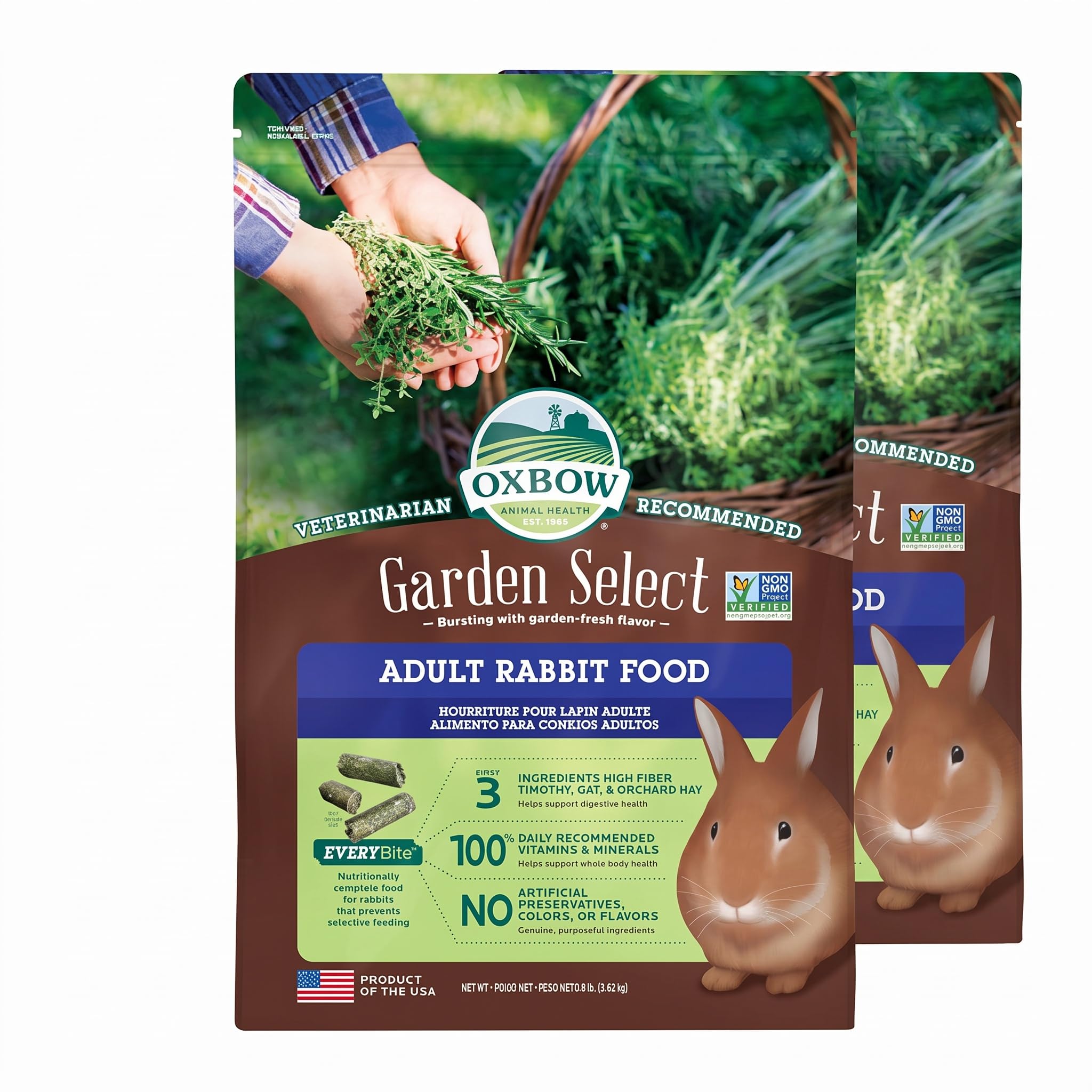 Oxbow Garden Select Rabbit Food,Adult,Made Timothy Hay for Rabbit,Bunny Food Pellets,Non-GMO,No Soy or Wheat,Small Animal Pet Products,Made in USA,High Fiber,8 lb. Bag,(Pack of 2)