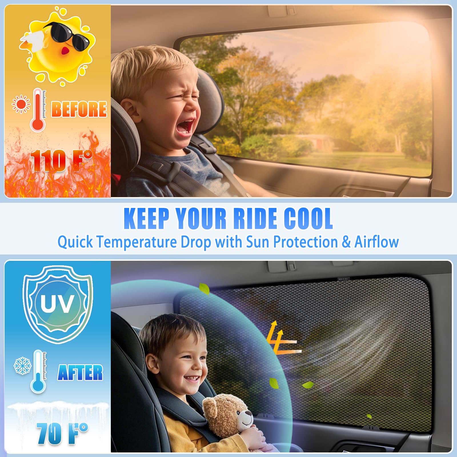 ZATOOTO Pare-soleil pour fenêtre de voiture pour Toyota RAV4 2019-2024, pare-soleil pour bébé, pare-soleil pour voiture, protection UV, intimité, ventilation et design sans insectes pour fenêtre