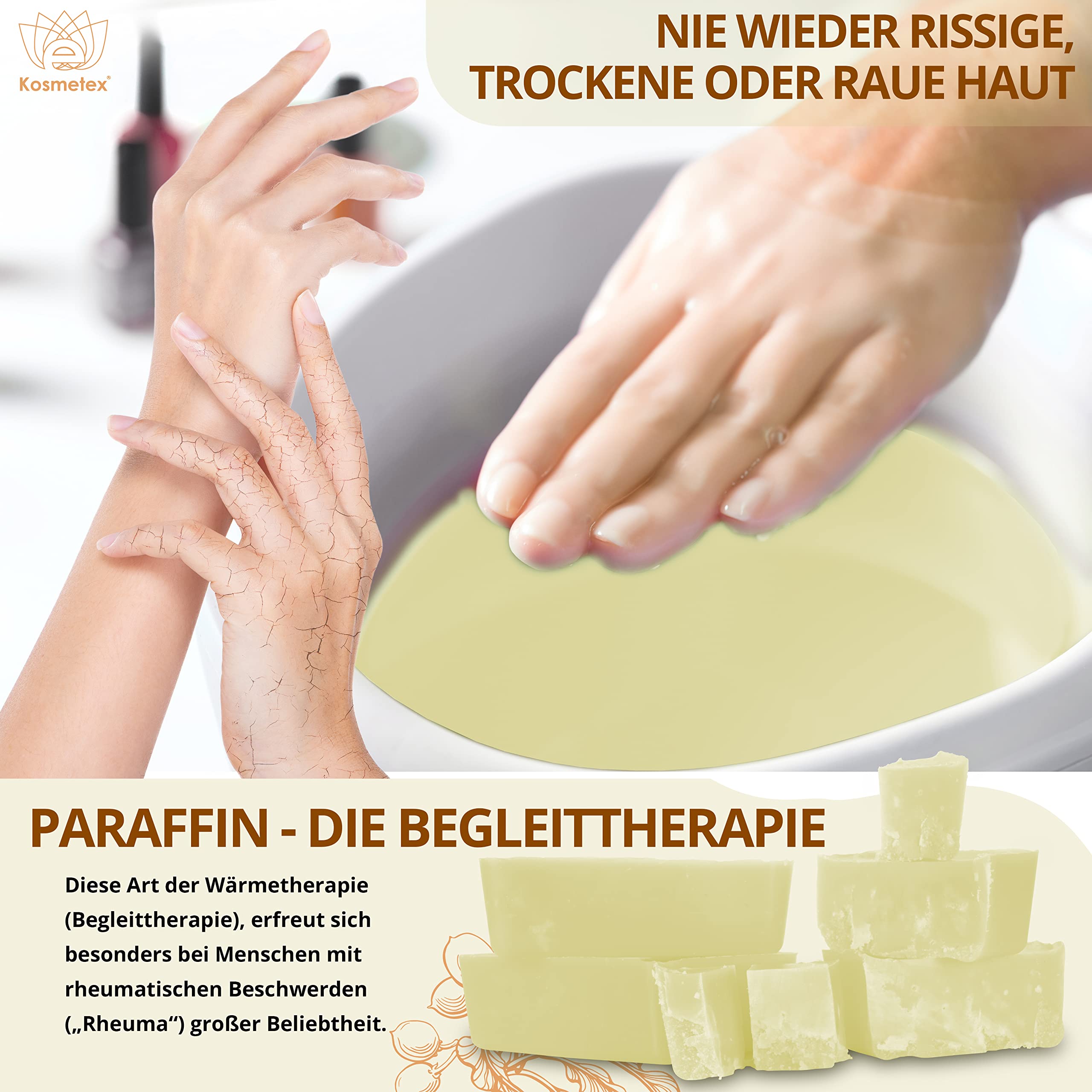 Kosmetex Wellness-Paraffinbad Karite Sheabutter – Paraffin-Entspannungsbad für Hände und Füße – Paraffinwachs – Paraffin-Block für Wachserwärmer (2x 500ml)