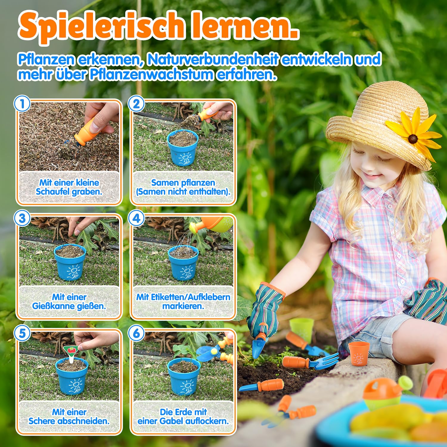PLAY Gartenwerkzeug Kinder Set,Gartengeräte mit Schaufel, Gabel, Schere, Blumentopf, Gießkanne, Schild und Aufbewahrungsbox, Gartenset Kinder für Kinder ab 3 Jahren