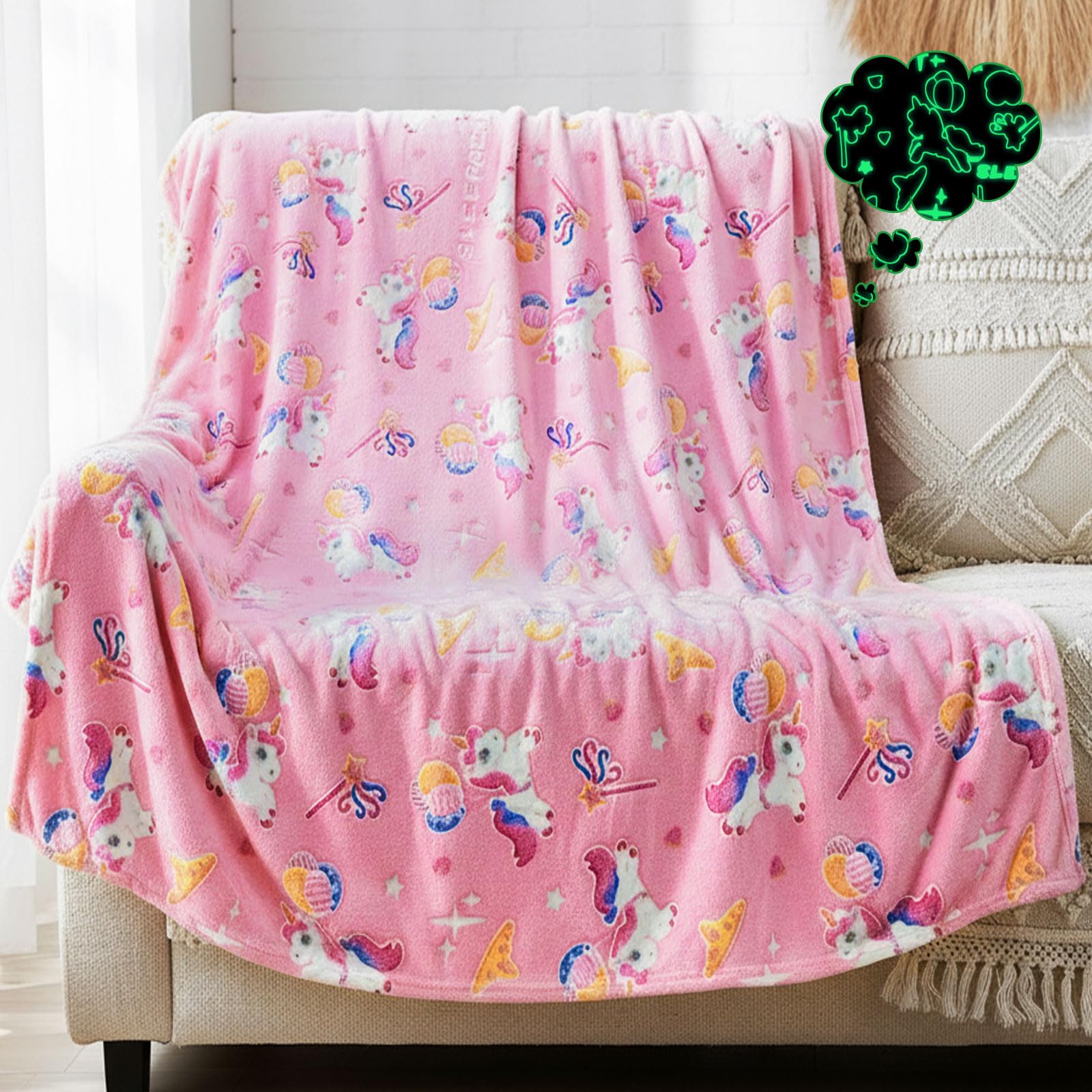 Coperta con Unicorno per Ragazze, Coperta Divertente Flanella con Che si Illumina al Buio per Bambino dai 2 ai 12 Anni, Caldo Plaid Rosa Singolo per Divano Soggiorno Camera da Letto, 150x200cm
