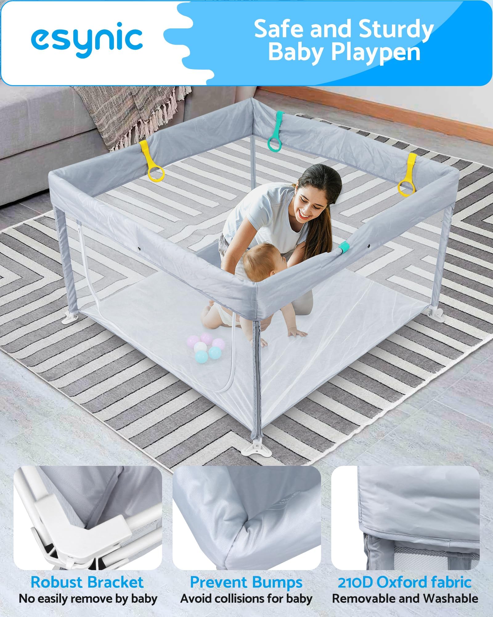 eSynic Corralito Bebé Portátil 120x120cm, Parque Infantil Plegable con 10 Bolas, Malla Transpirable, 4 Agarraderas y Bolsa Transporte - Juegos Seguros para Bebés